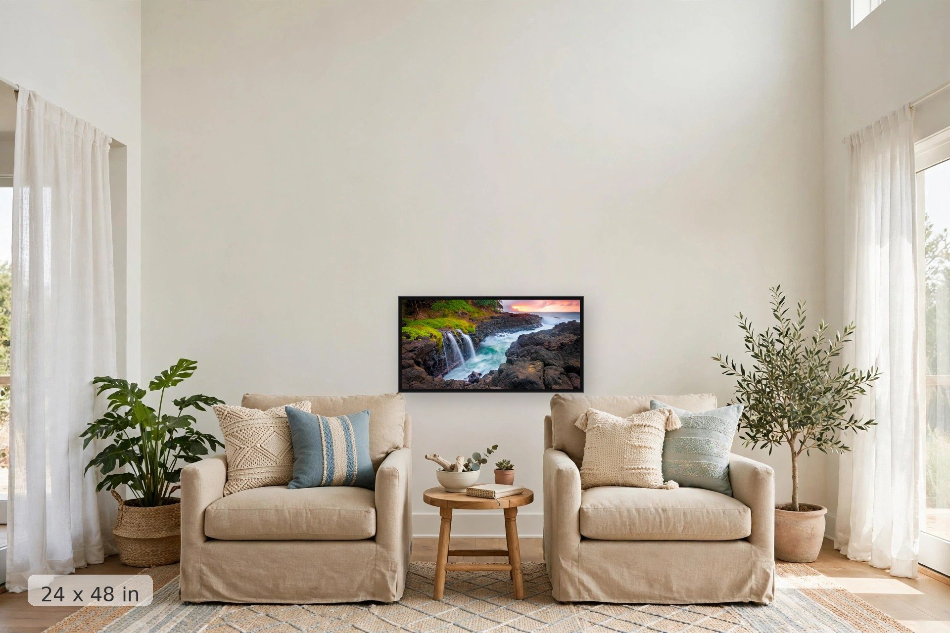 Queen's Bath tide pools panoramic — Queen's Bath Panoramic print, 40x60 large mockup in a living room