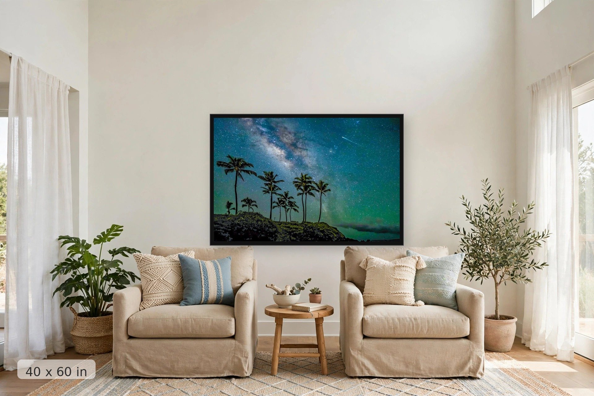 Shooting star over the Hawaiian night sky — Shooting Star print, 40x60 large mockup in a living room