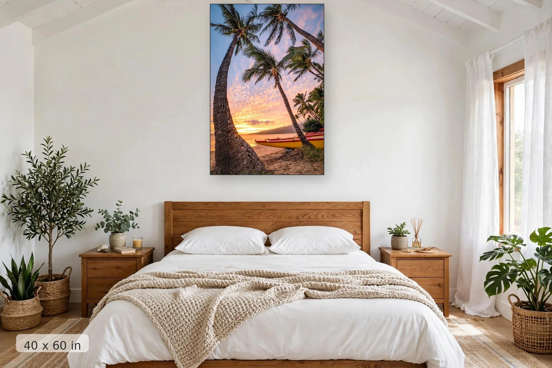 palm trees and sunset with outrigger canoe — Hawaiian Tradition print, 40x60 mockup above a bedroom headboard