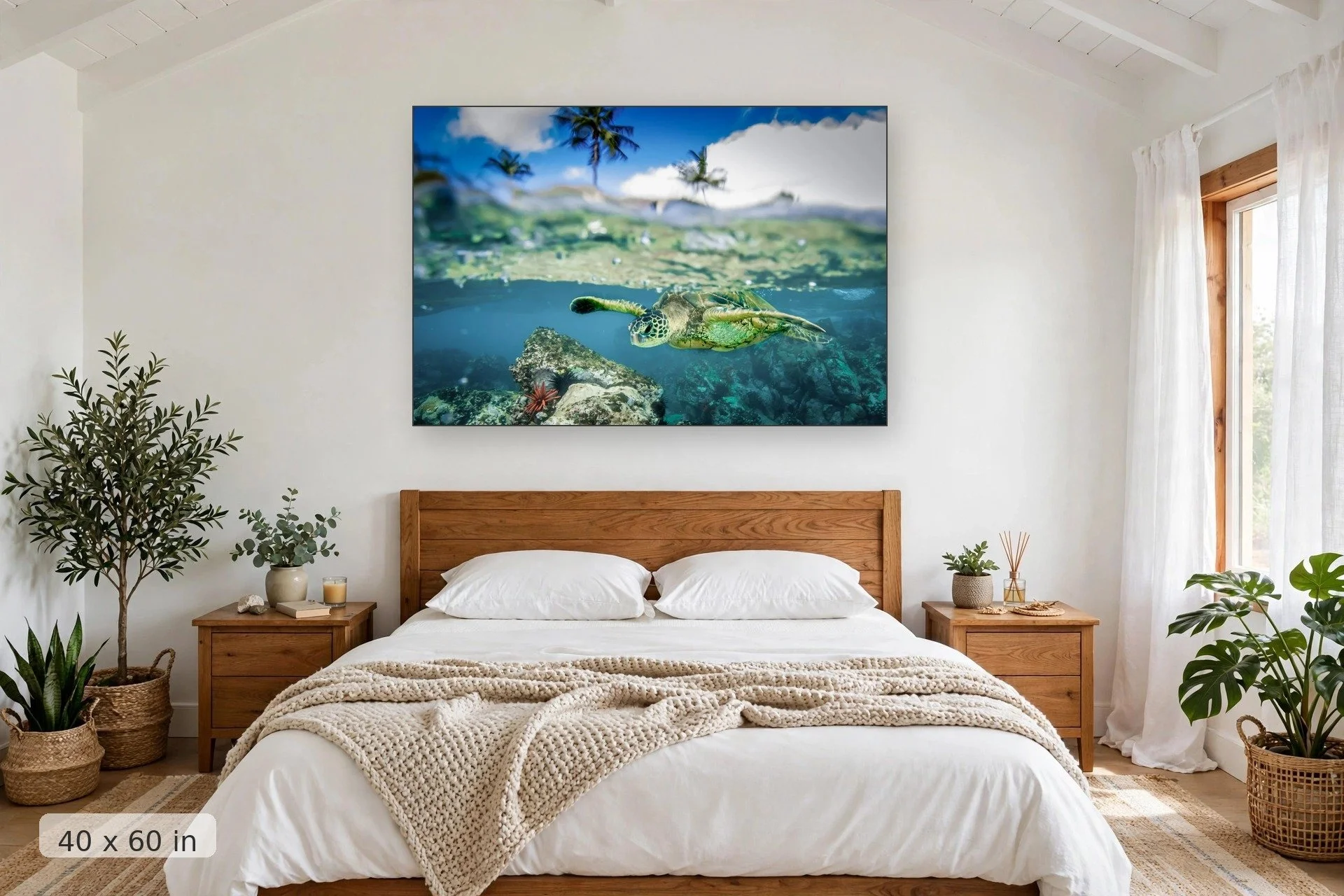 over under shot of turtle swimming over brightly colored coral — Honu Split print, 40x60 mockup above a bedroom headboard