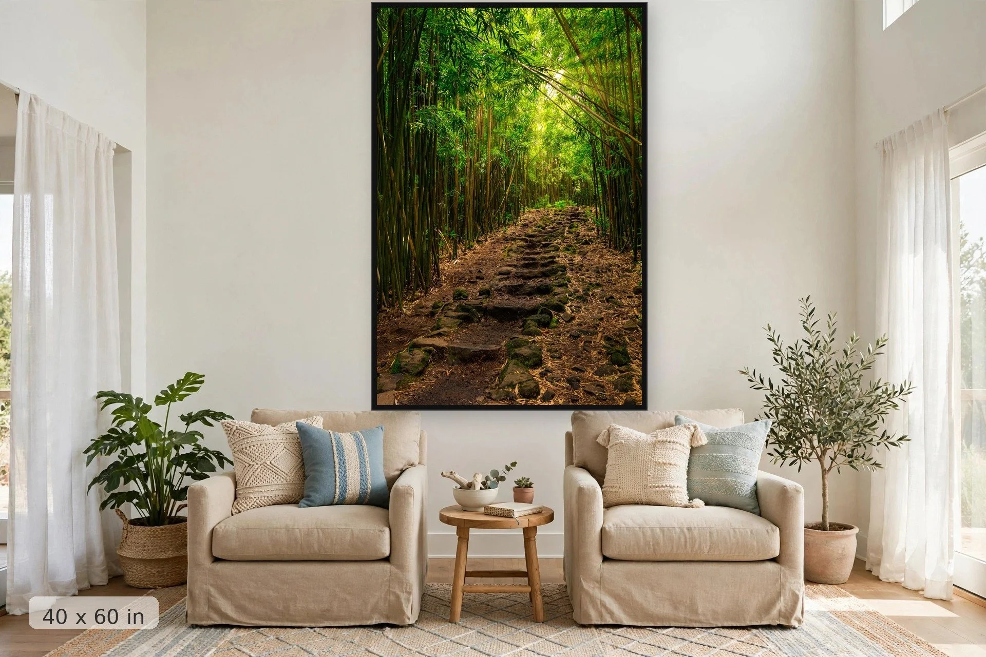 rocky steps lead into the bamboo forest at the pipiwai trail in hawaii — Pipiwai Trail print, 40x60 large mockup in a living room