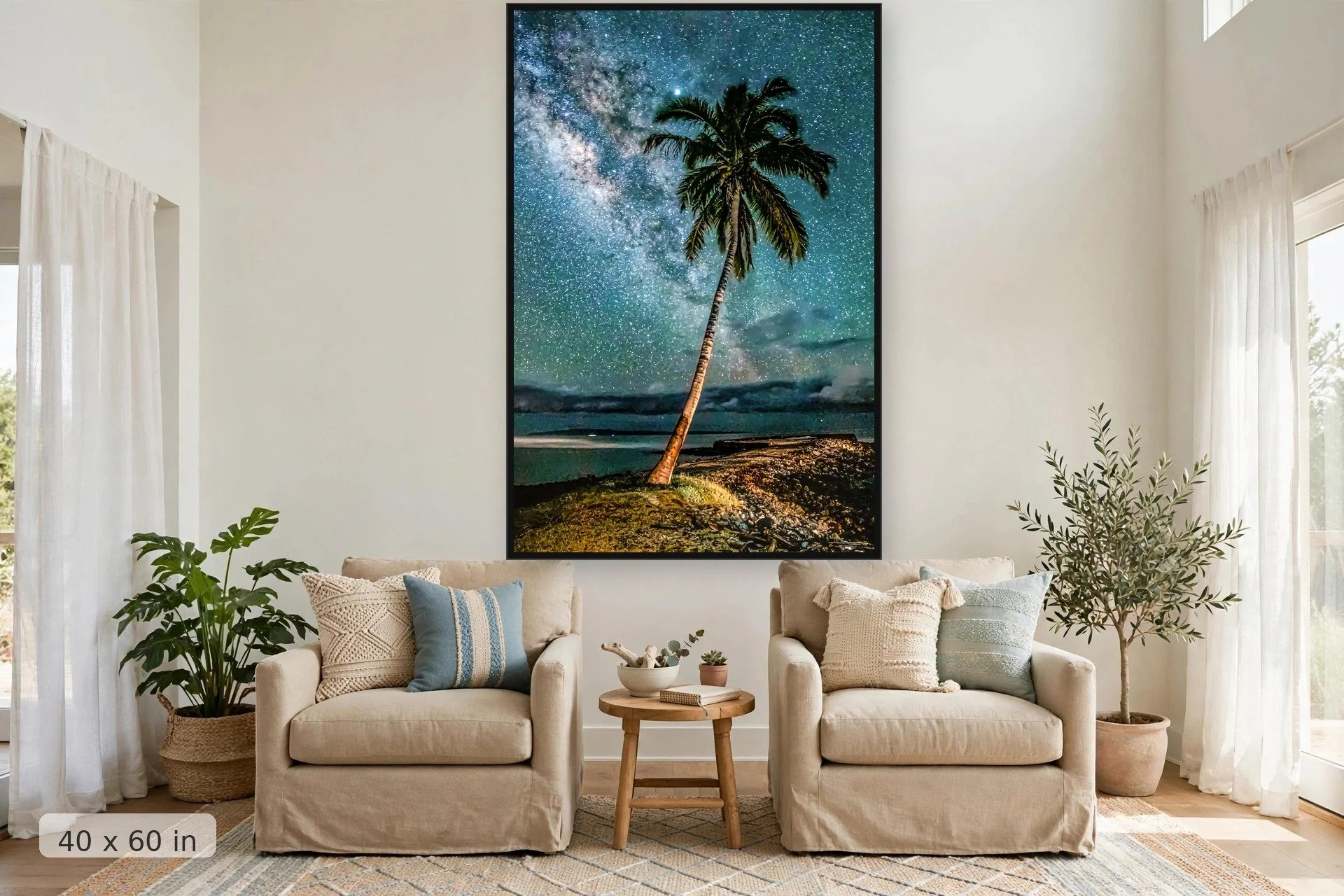 Milky Way over Olowalu, Maui — Olowalu Milky Way print, 40x60 large mockup in a living room