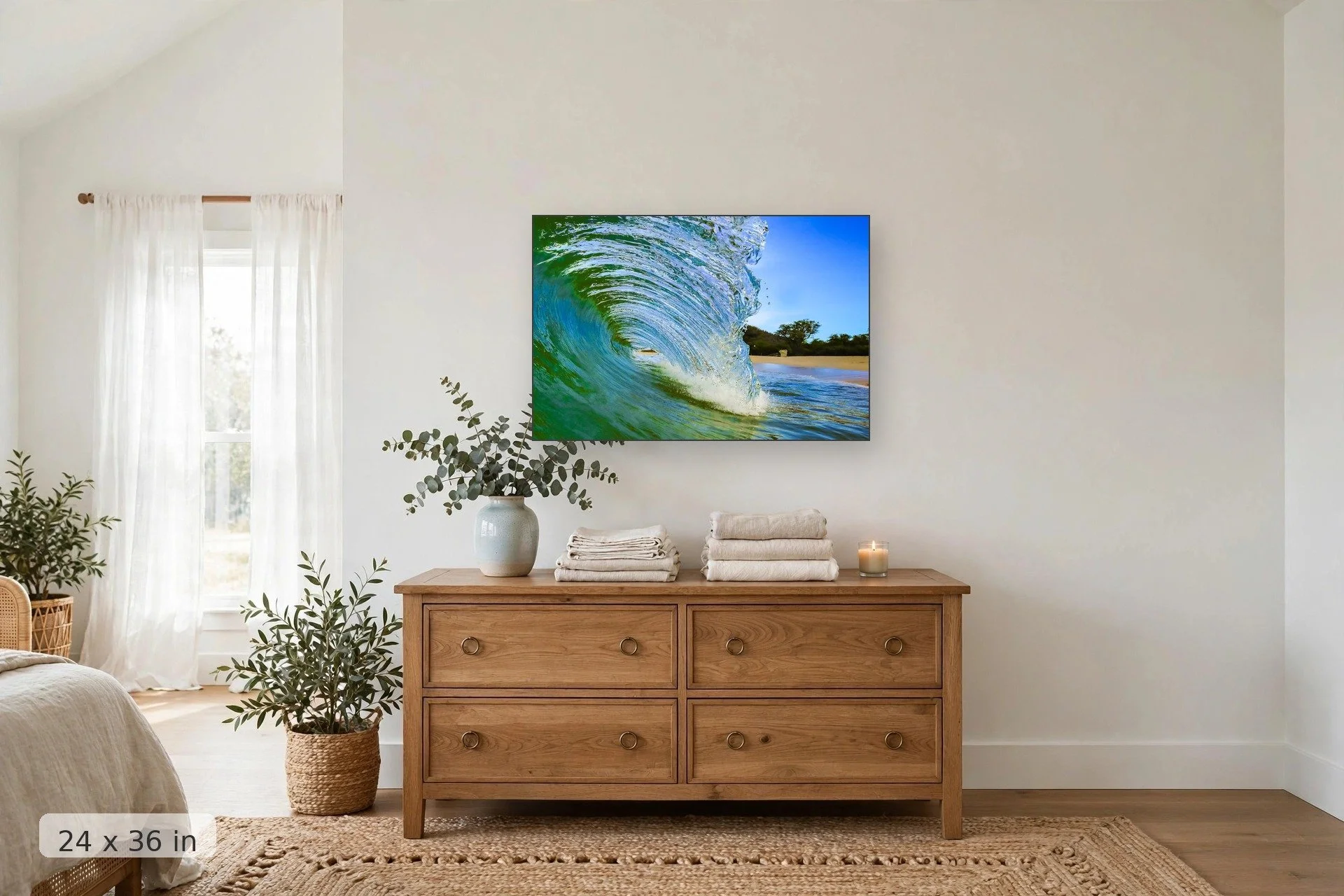Translucent glassy wave barrel — Glass Barrel print, 24x36 mockup above a dresser
