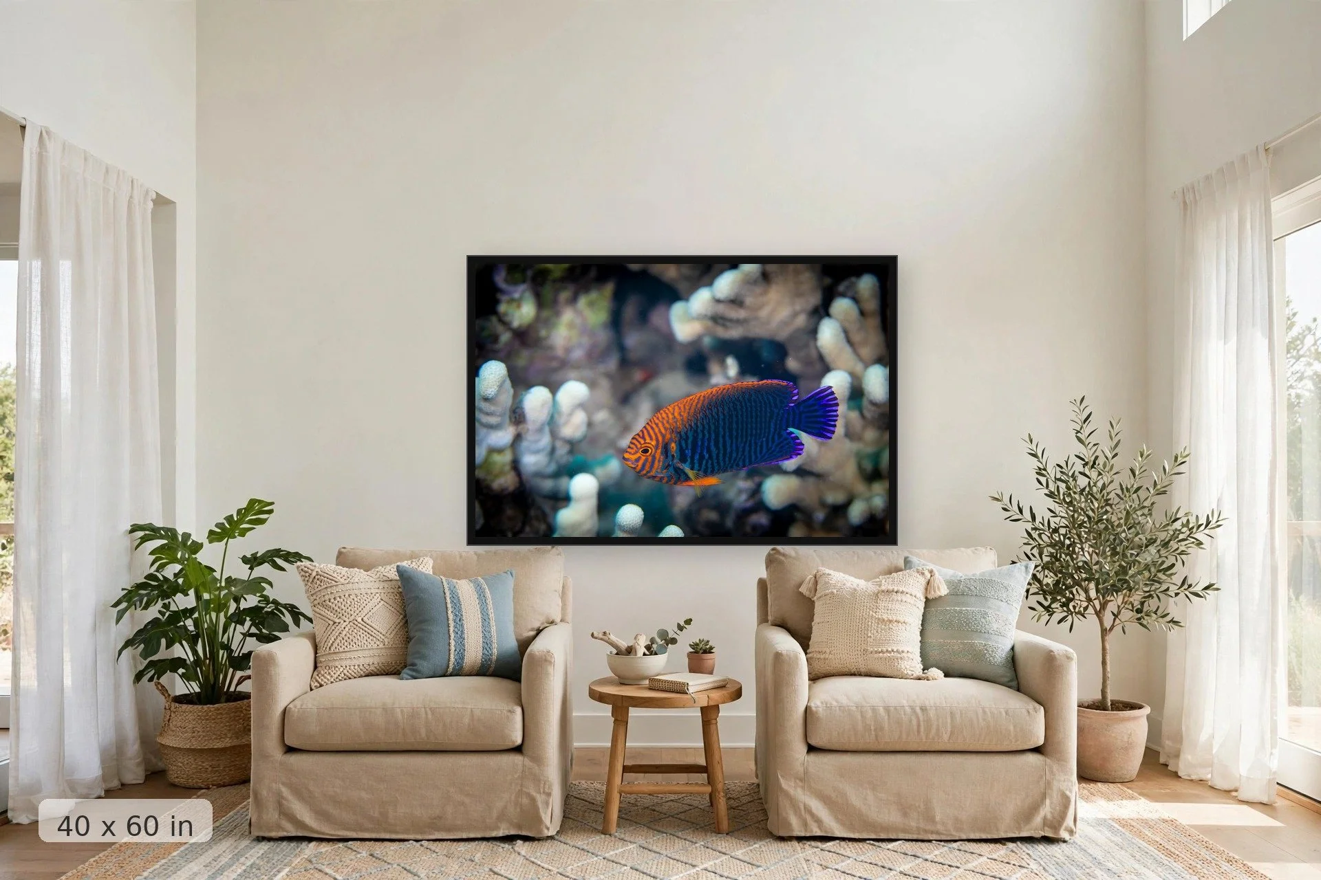 Potter's angelfish on a Maui reef — Potter Angelfish print, 40x60 large mockup in a living room