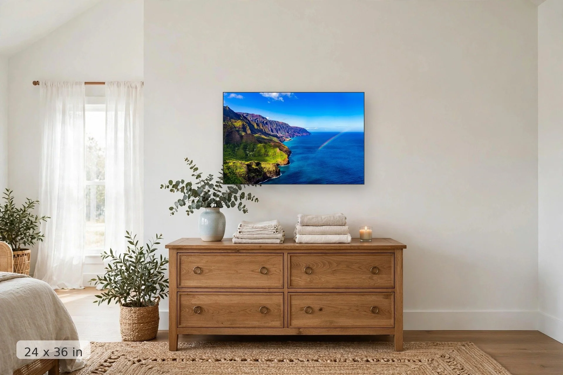 rainbow stretches over the na pali coast in kauai — Na Pali Rainbow print, 24x36 mockup above a dresser