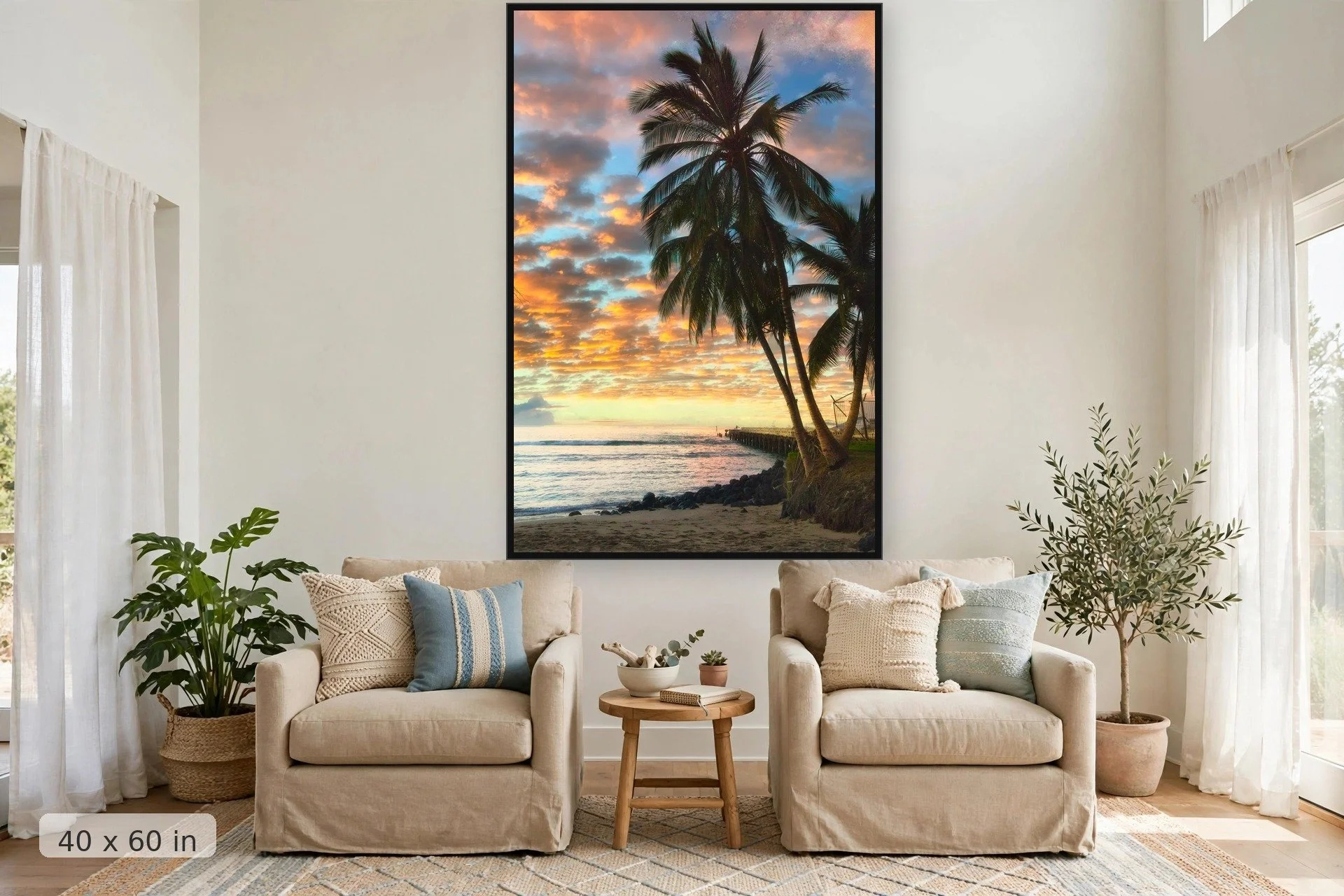 colorful clouds reflect sunset colors over hawaiian beach with large palm trees in foreground — Mala Palms print, 40x60 large mockup in a living room