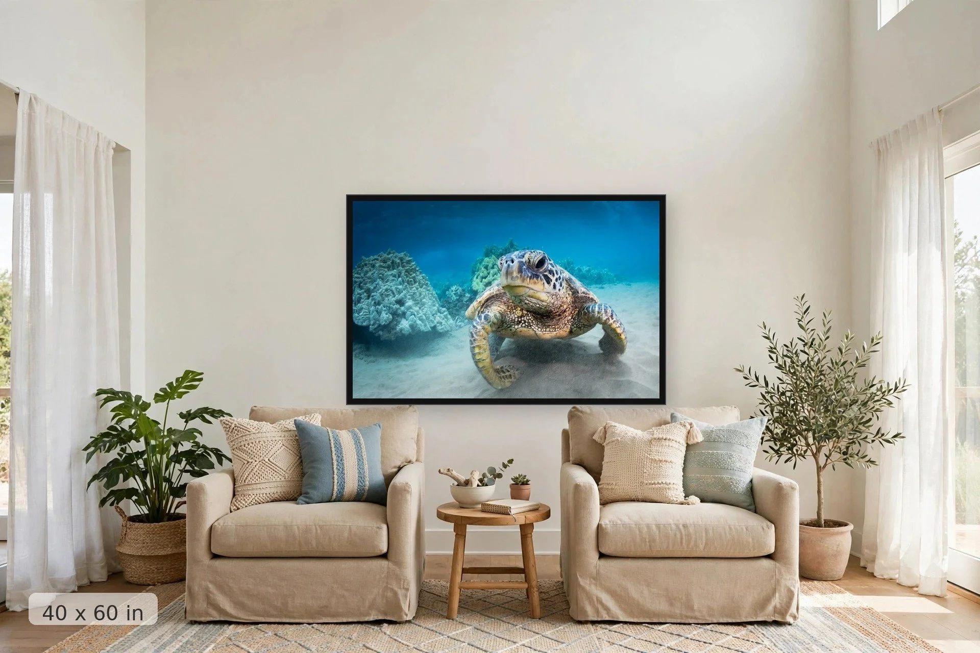 close-up of turtle face — Resting Turtle Face print, 40x60 large mockup in a living room