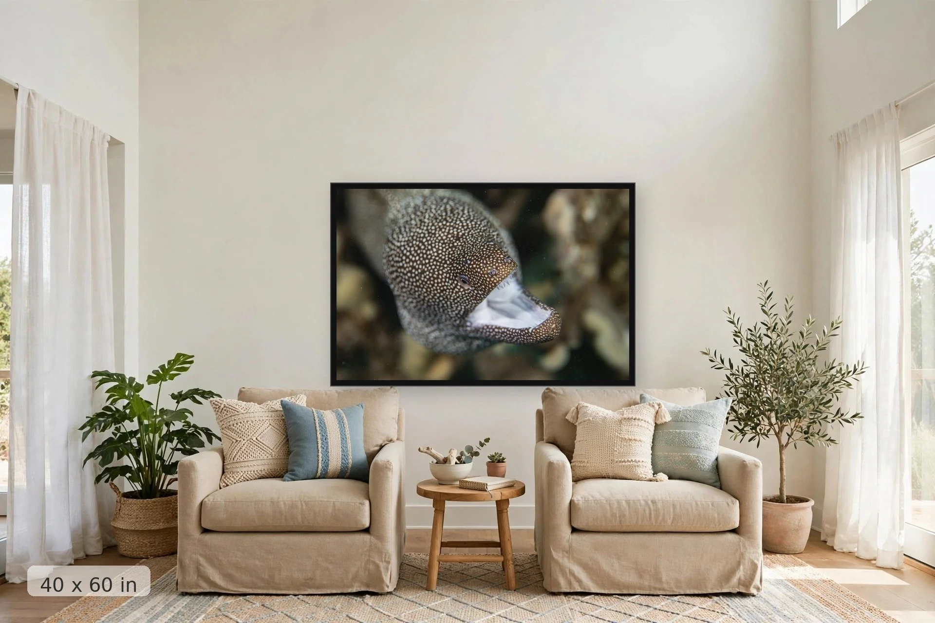 White-mouth moray eel — White Mouth Moray Eel print, 40x60 large mockup in a living room