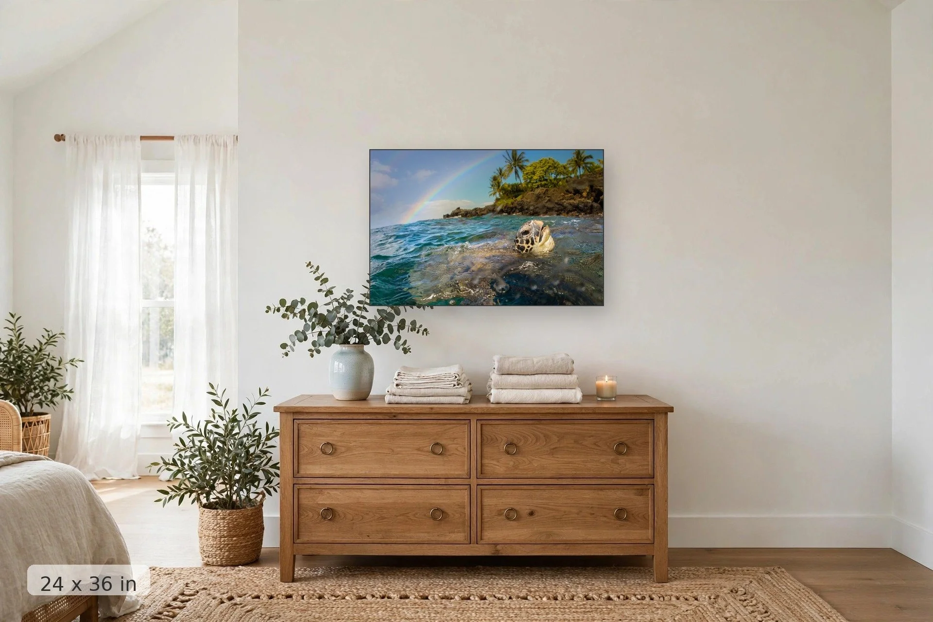 a honu comes up for air while a rainbow arcs over an island in the background — Honu Rainbow print, 24x36 mockup above a dresser