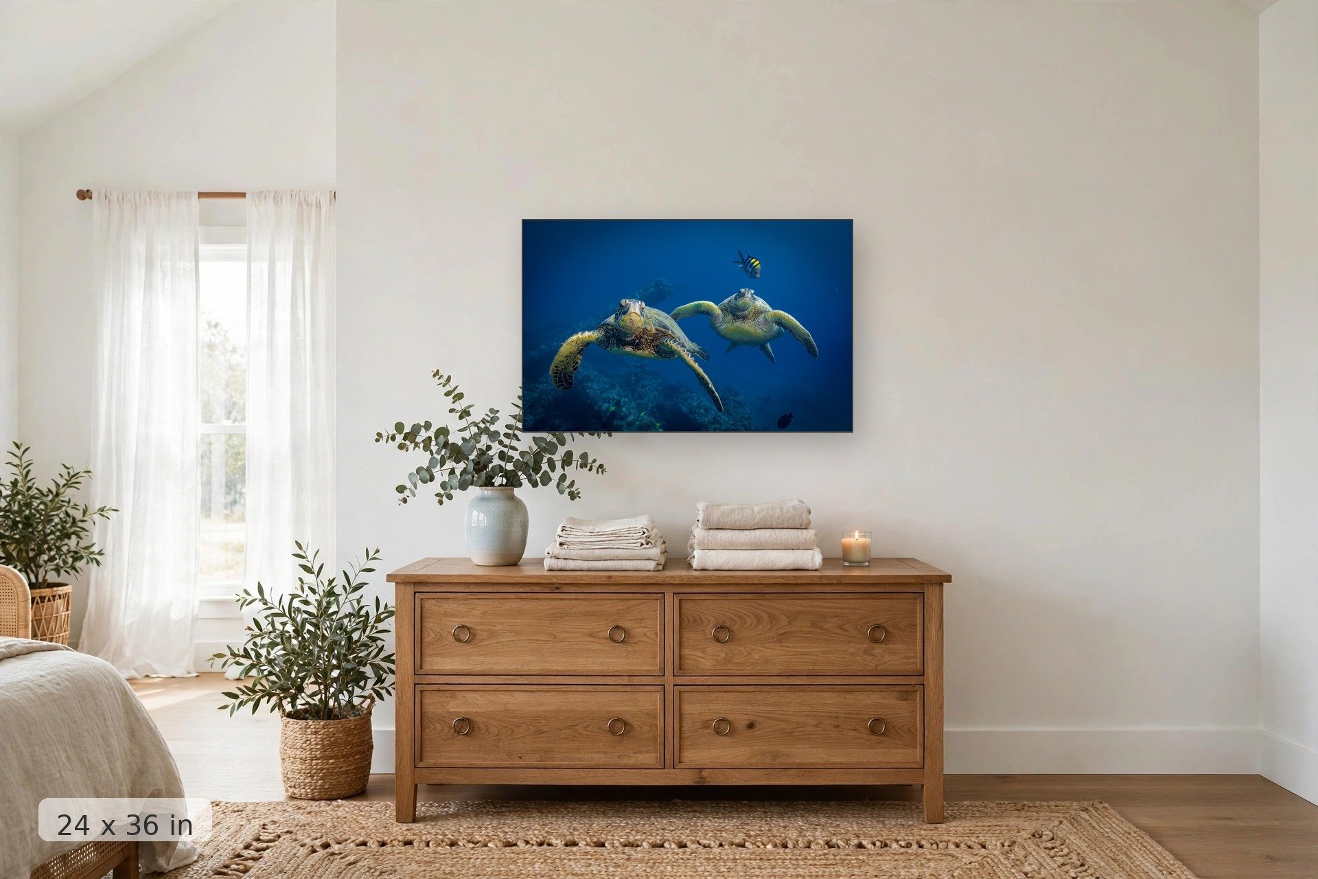 two turtles swim in formation with a sergeant major in tow — Double Turtle print, 24x36 mockup above a dresser