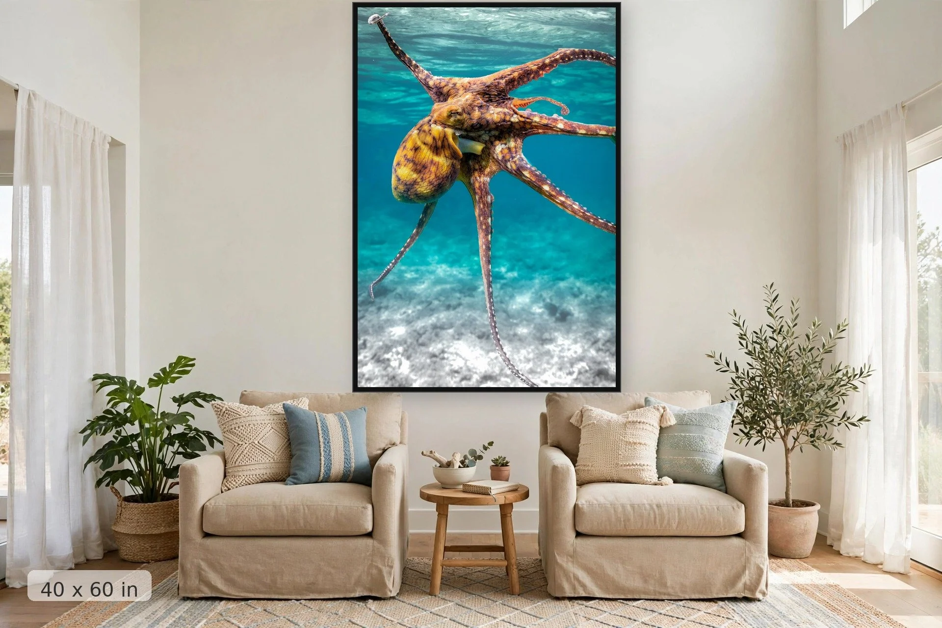 Day octopus at Honolua Bay — Honolua Tako print, 40x60 large mockup in a living room