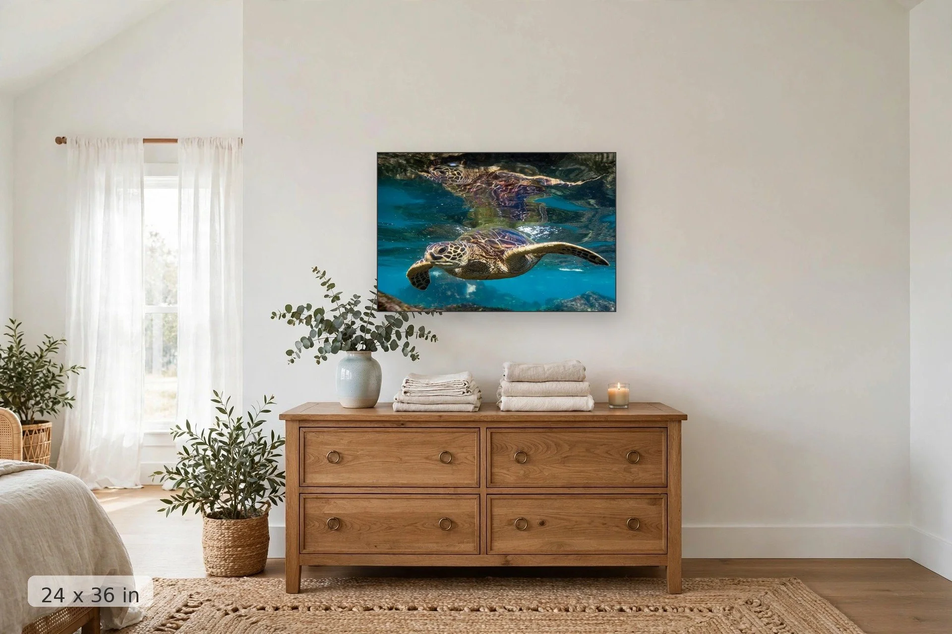a sea turtle swims along the water surface reflecting its image — Honu Reflection print, 24x36 mockup above a dresser