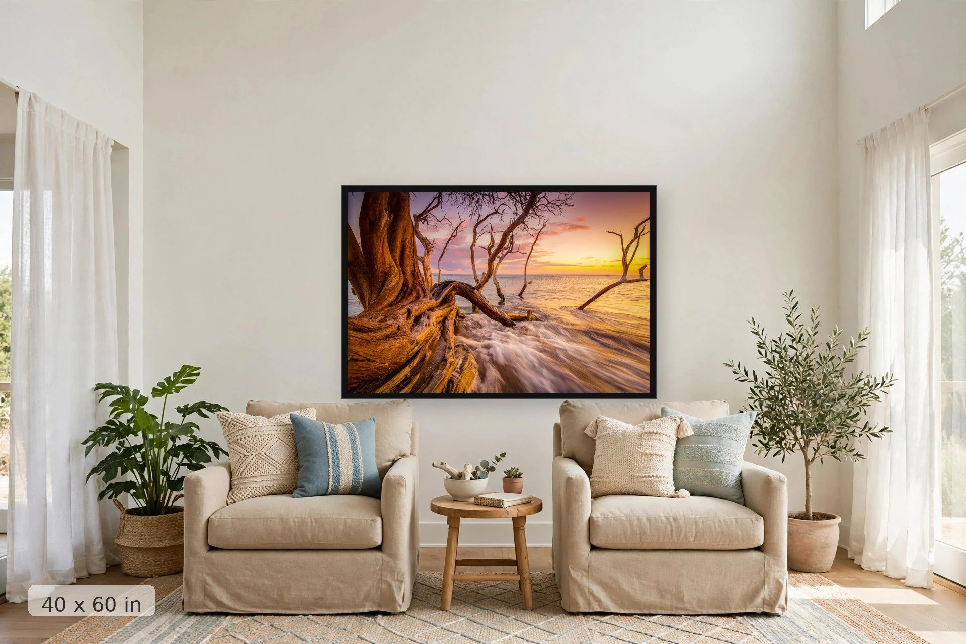 kiawe tree branches dipping into the surf at Olowalu at sunset — Bending Branches print, 40x60 large mockup in a living room