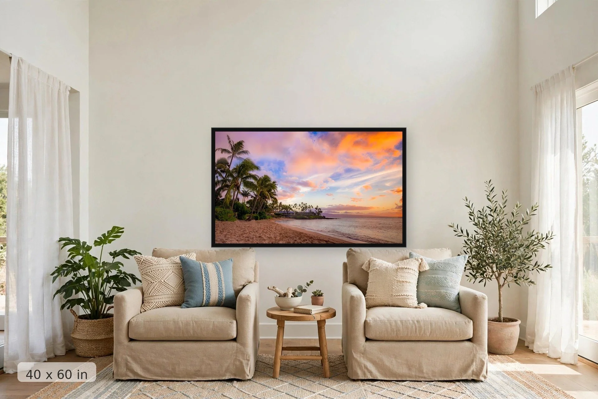 sunset over napili bay in west maui — Napili Bay print, 40x60 large mockup in a living room