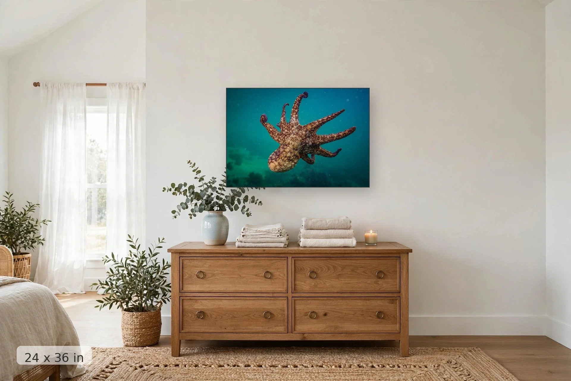 Green octopus swimming in Baja — El Pulpo print, 24x36 mockup above a dresser