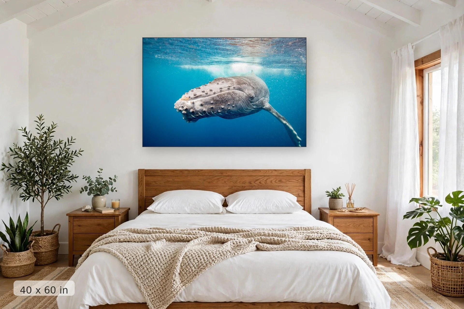 curious humpback whale calf approaching the camera — Calf Up Close print, 40x60 mockup above a bedroom headboard