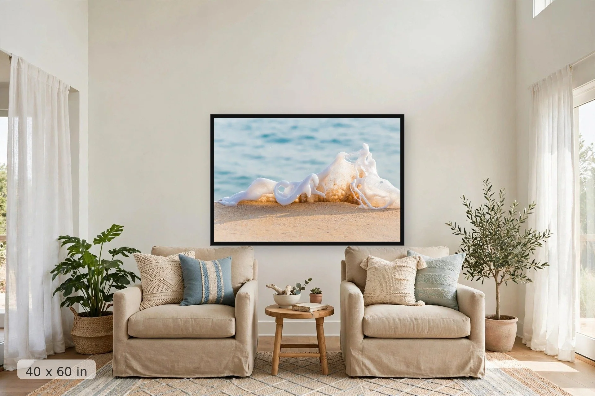 Sea foam wave washing the beach — Musical Wave print, 40x60 large mockup in a living room