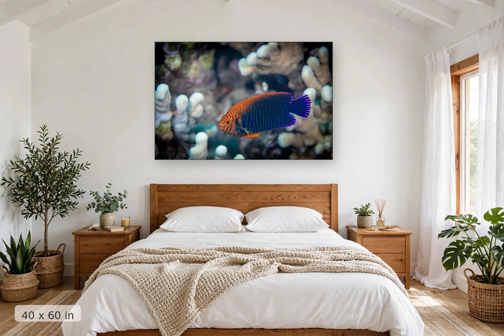 Potter's angelfish on a Maui reef — Potter Angelfish print, 40x60 mockup above a bedroom headboard