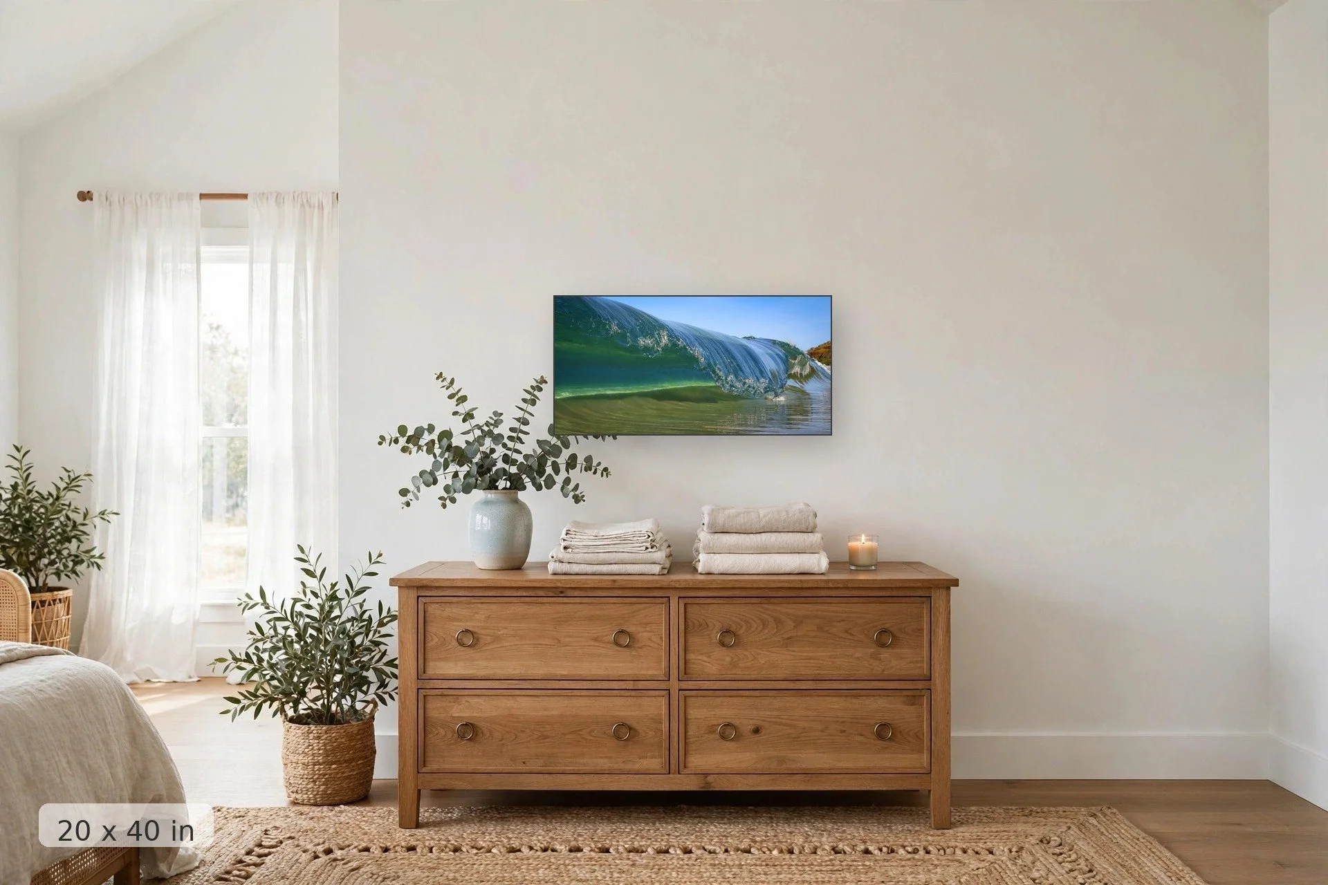 Frozen ocean wave barrel — Frozen Tube print, 24x36 mockup above a dresser