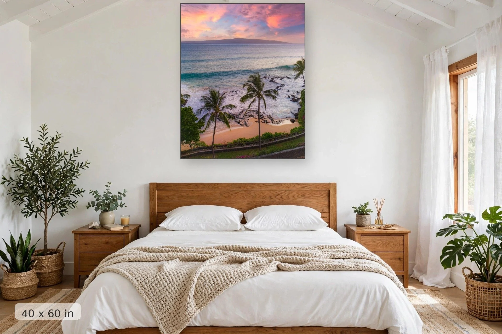 view from above makena cove with lanai island in the background — Makena Cove Sunset Drone print, 40x60 mockup above a bedroom headboard