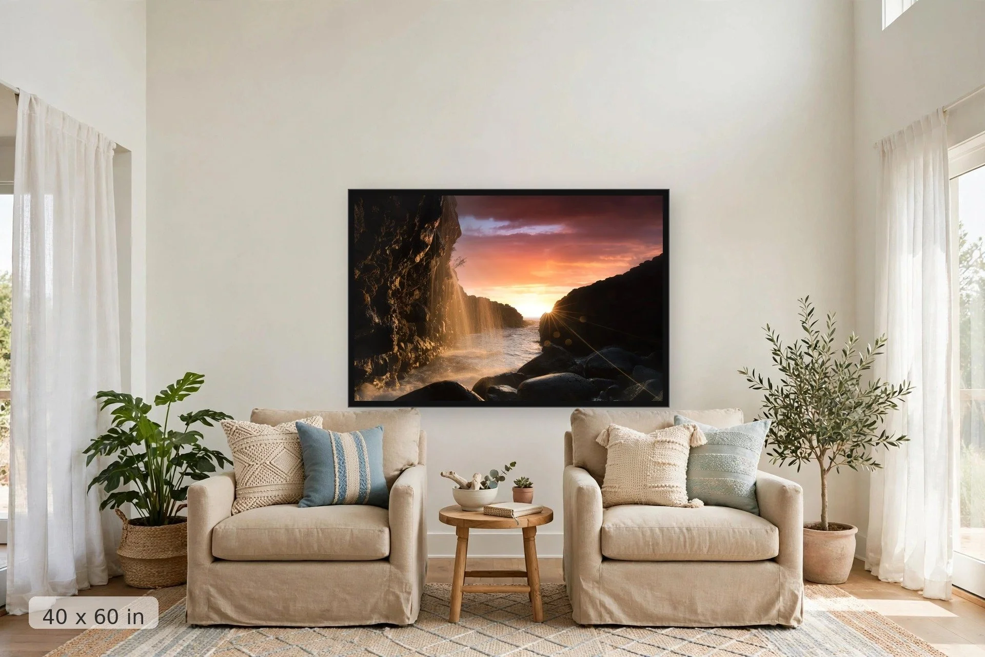view from below queens bath in kauai with bright pink sunset in background — Mystical Sunset print, 40x60 large mockup in a living room