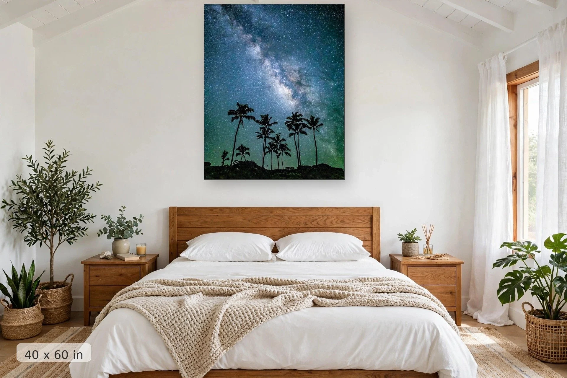 Milky Way over a palm grove — Palm Grove Milky Way print, 40x60 mockup above a bedroom headboard