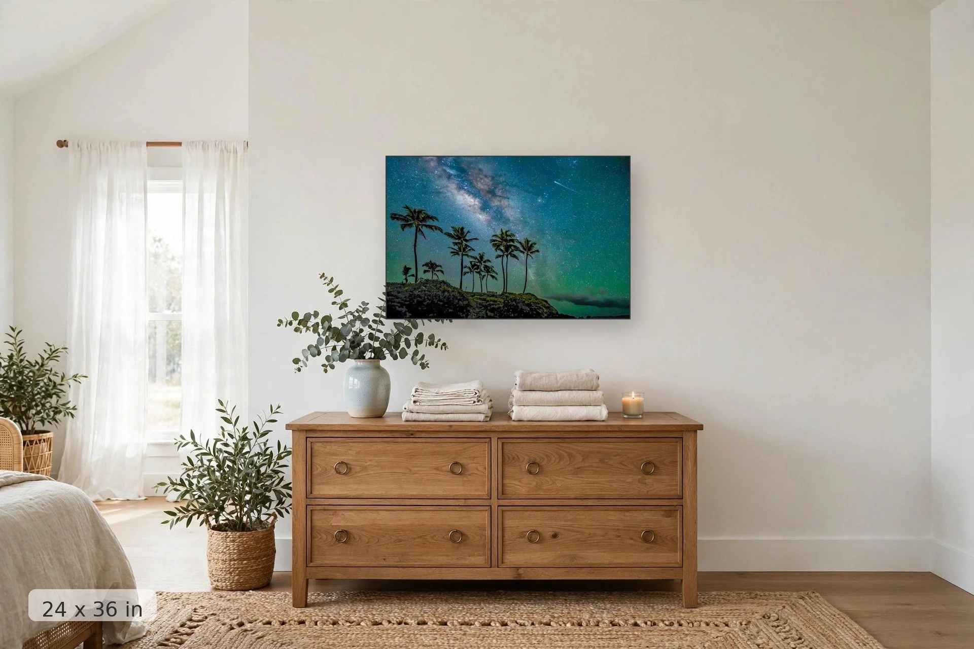 Shooting star over the Hawaiian night sky — Shooting Star print, 24x36 mockup above a dresser