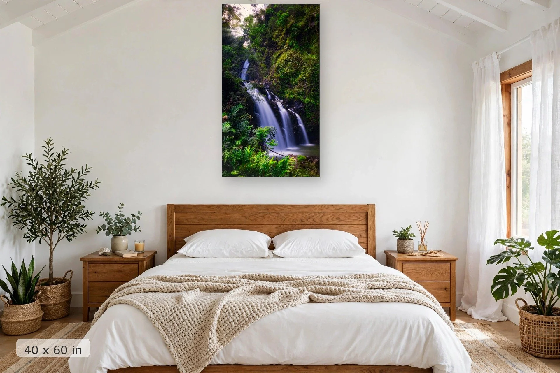 three waterfalls surrounded by lush tropical plants — Three Bears Rays print, 40x60 mockup above a bedroom headboard