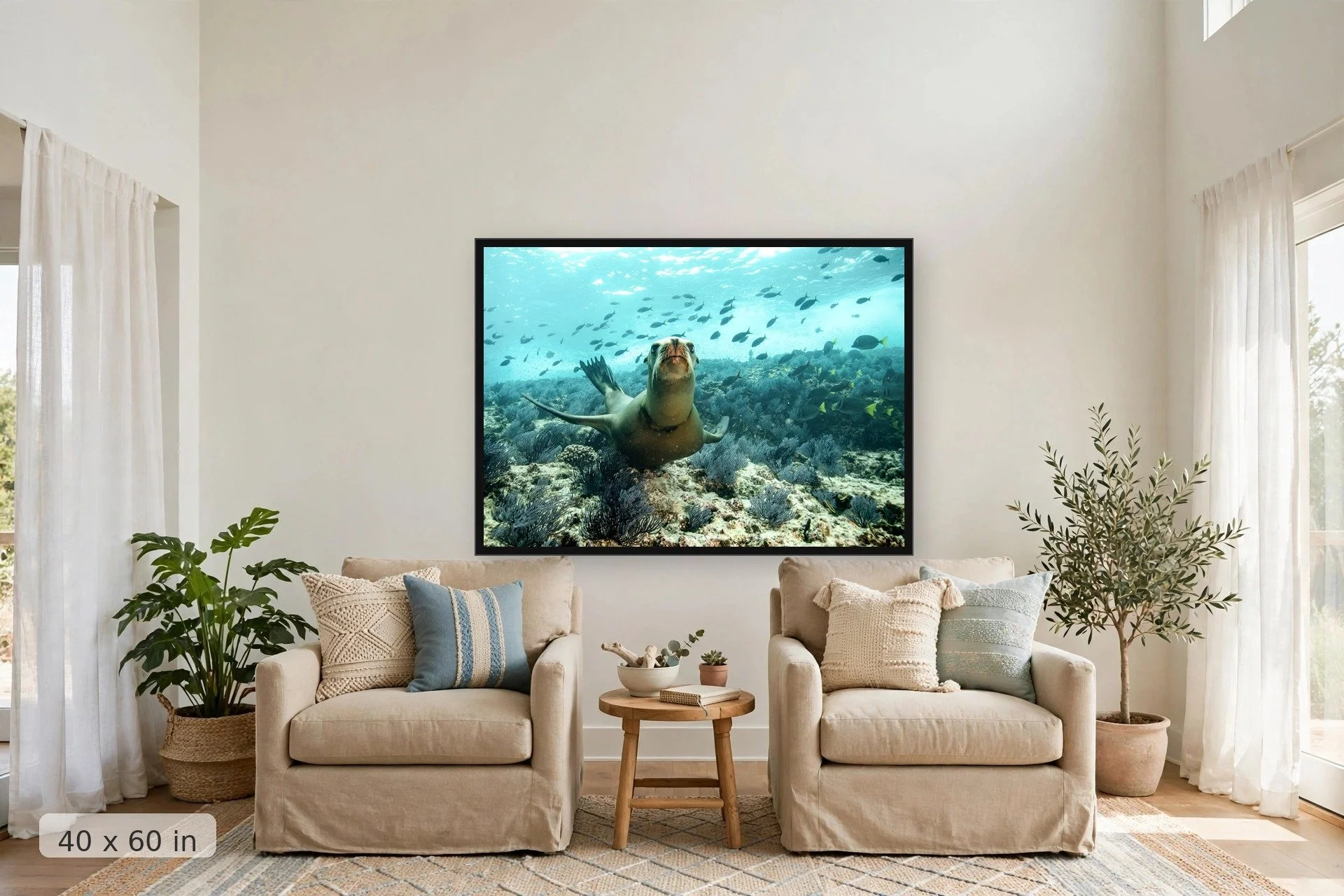Sea lion dancing underwater — Dancing Sea Lion print, 40x60 large mockup in a living room