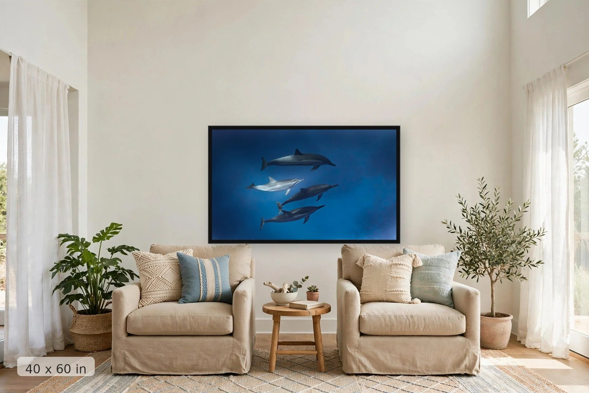 A pod of spinner dolphins with a beam of light — Naia Spotlight print, 40x60 large mockup in a living room