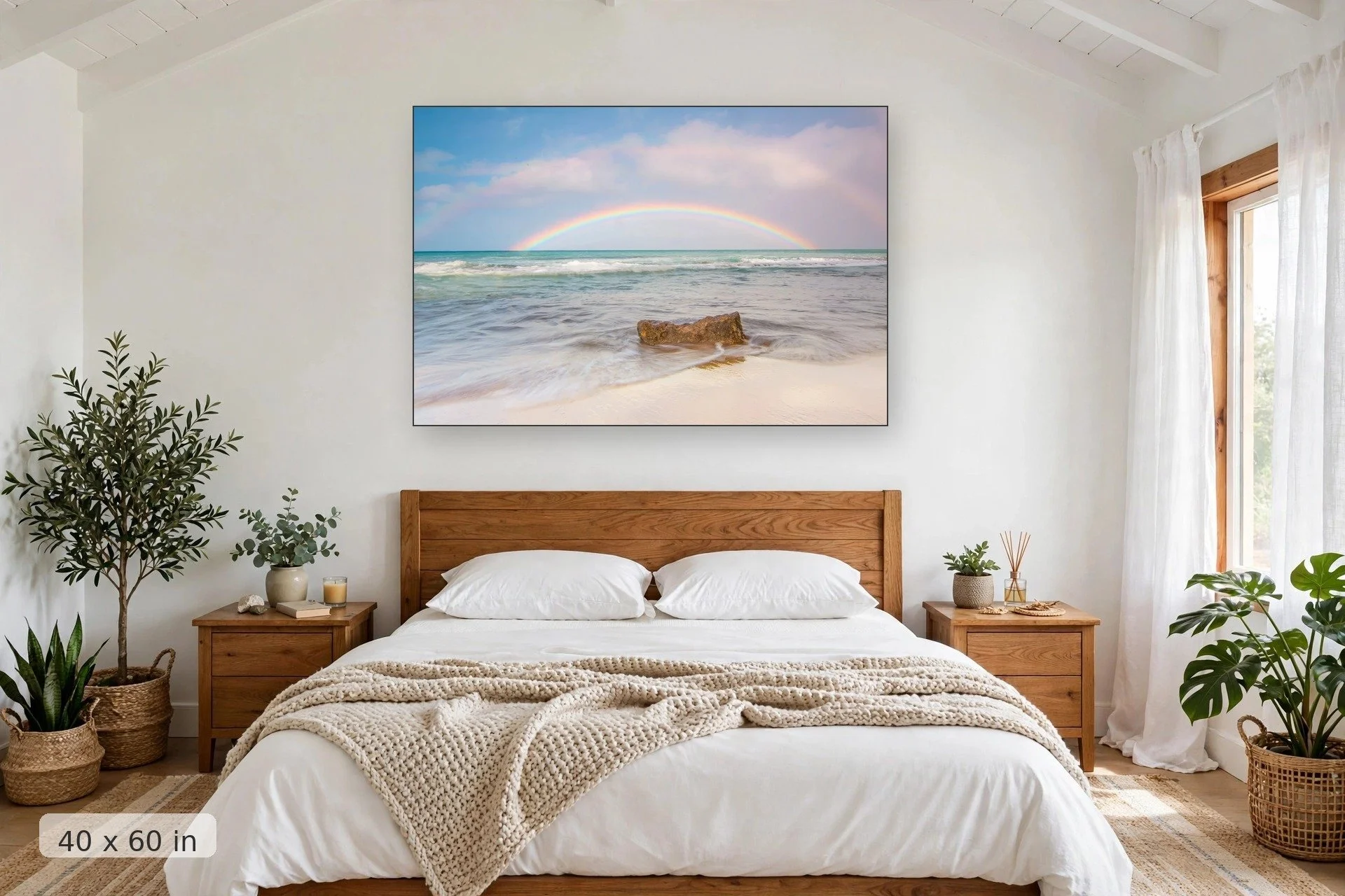double rainbow over white sandy beach and calm water — Morning Rainbow print, 40x60 mockup above a bedroom headboard