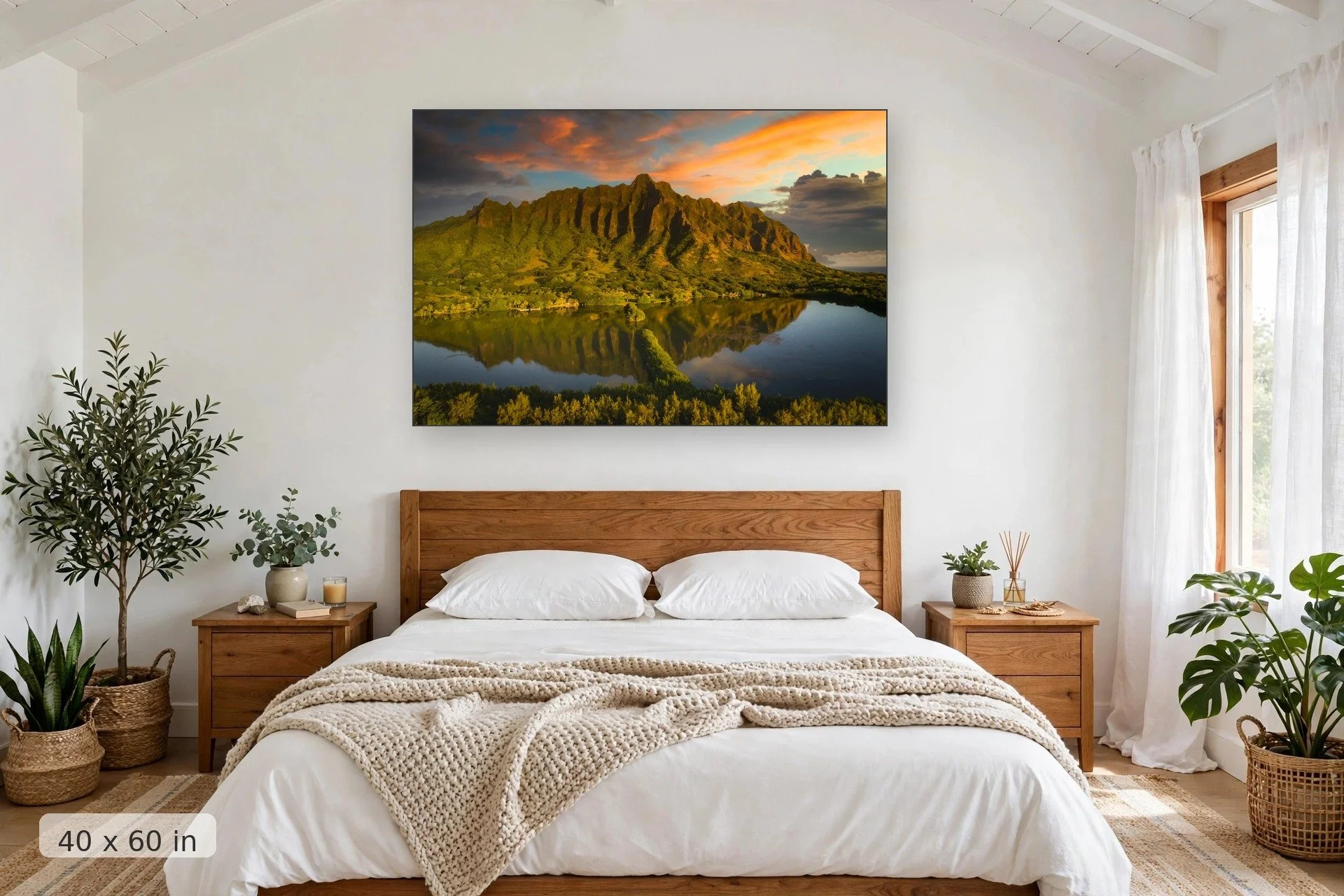 sunrise over green mountains of kanaloa, hawaii — Kanaloa Sunrise print, 40x60 mockup above a bedroom headboard