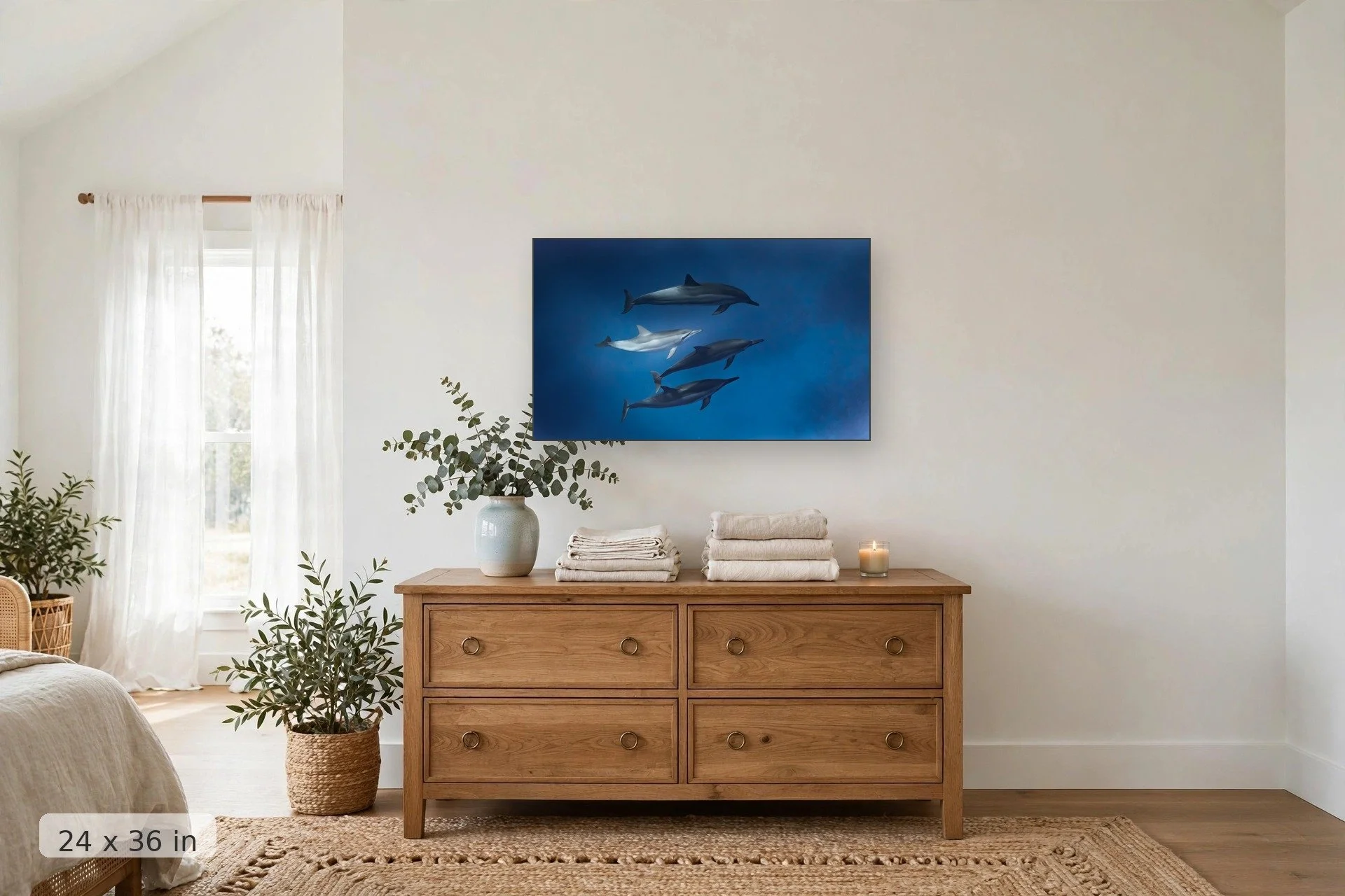 A pod of spinner dolphins with a beam of light — Naia Spotlight print, 24x36 mockup above a dresser