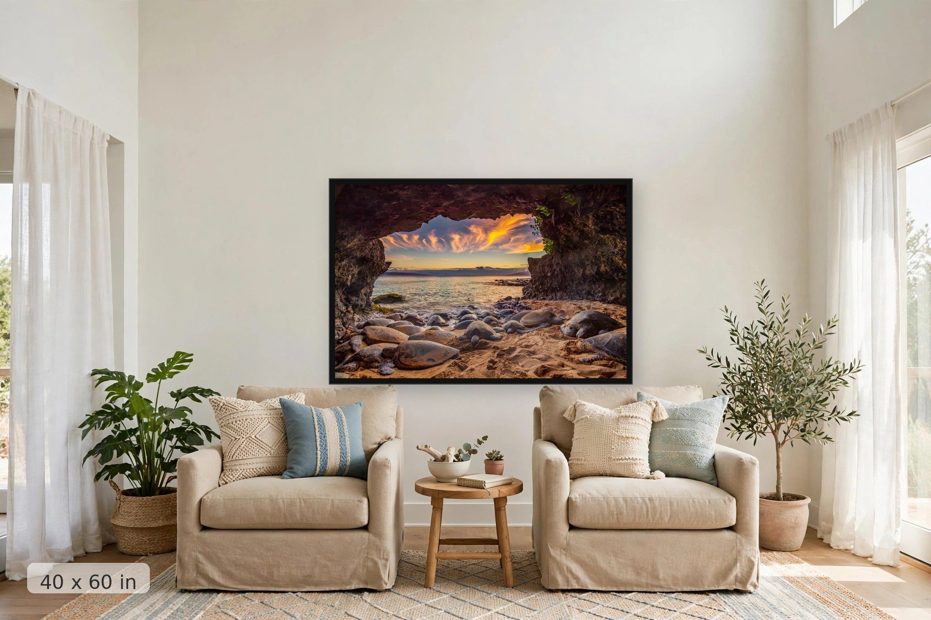 a bale of turtles sleep in a secret cave with sunset and a distant island in the background — Pao Honu print, 40x60 large mockup in a living room