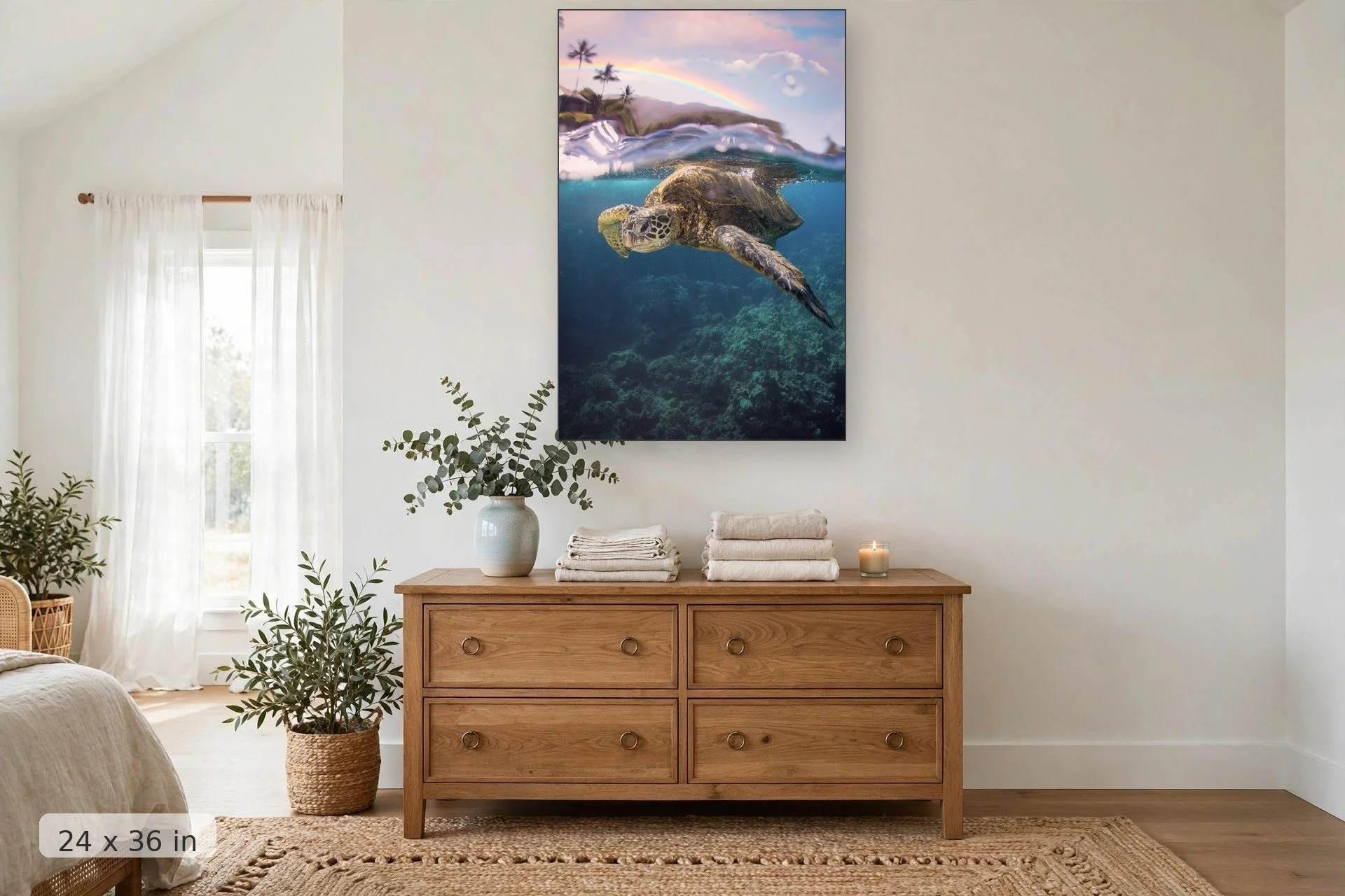 Hawaiian Trifecta: Sea Turtle in Ocean — Hawaiian Trifecta: Turtle & Rainbow Maui Photo print, 24x36 mockup above a dresser