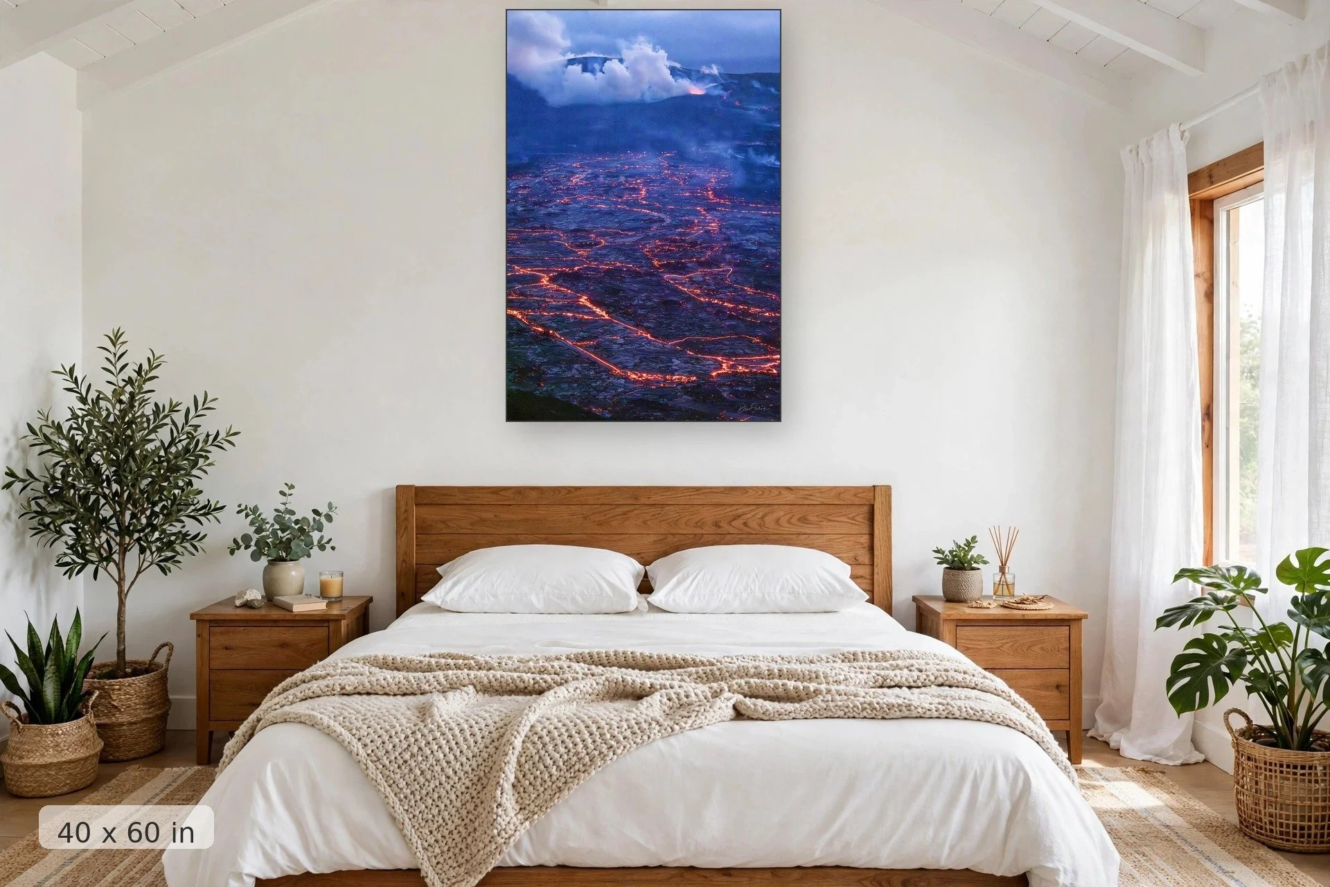 Sunset afterglow over the ocean — After Glow print, 40x60 mockup above a bedroom headboard