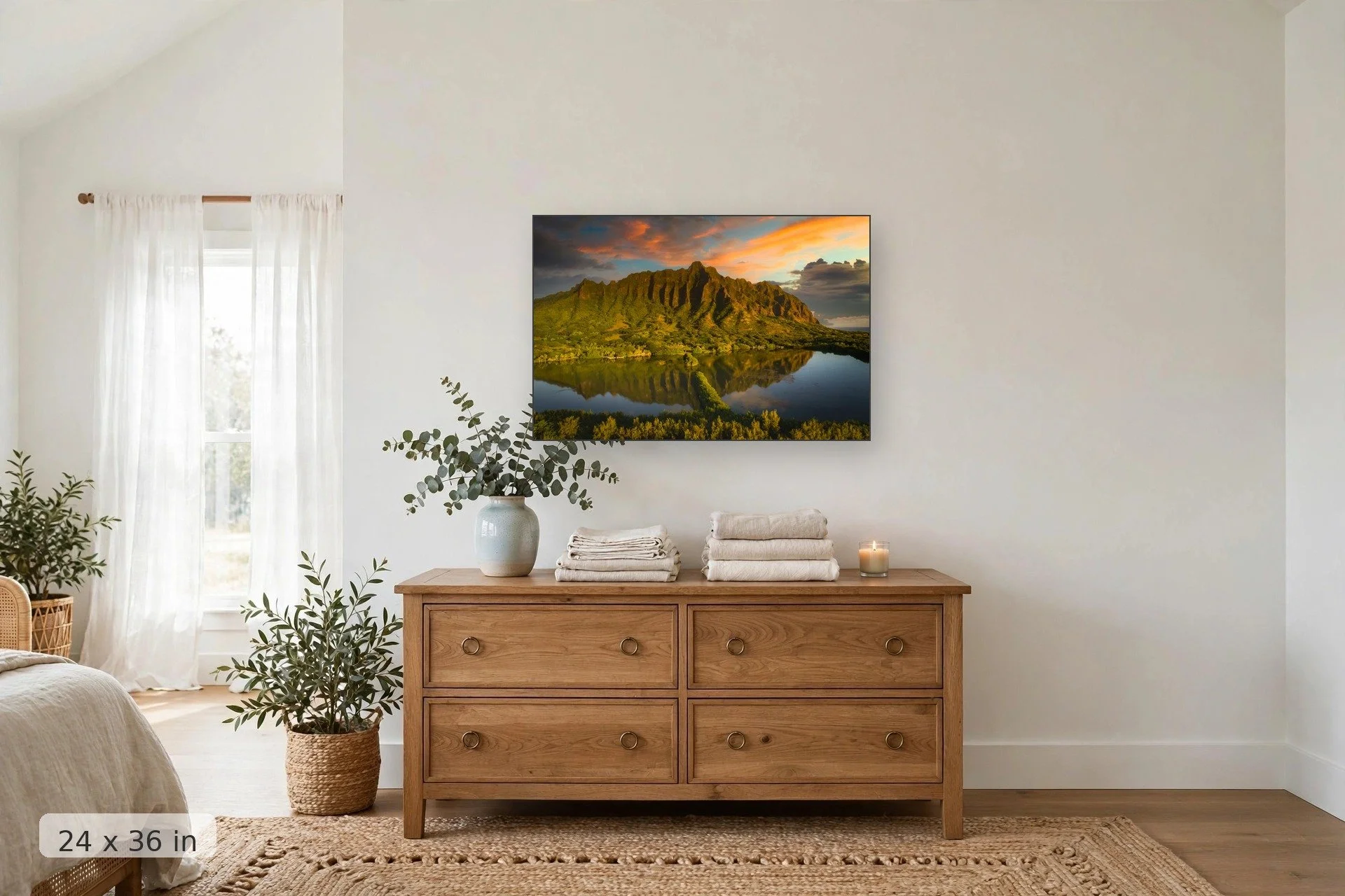 sunrise over green mountains of kanaloa, hawaii — Kanaloa Sunrise print, 24x36 mockup above a dresser