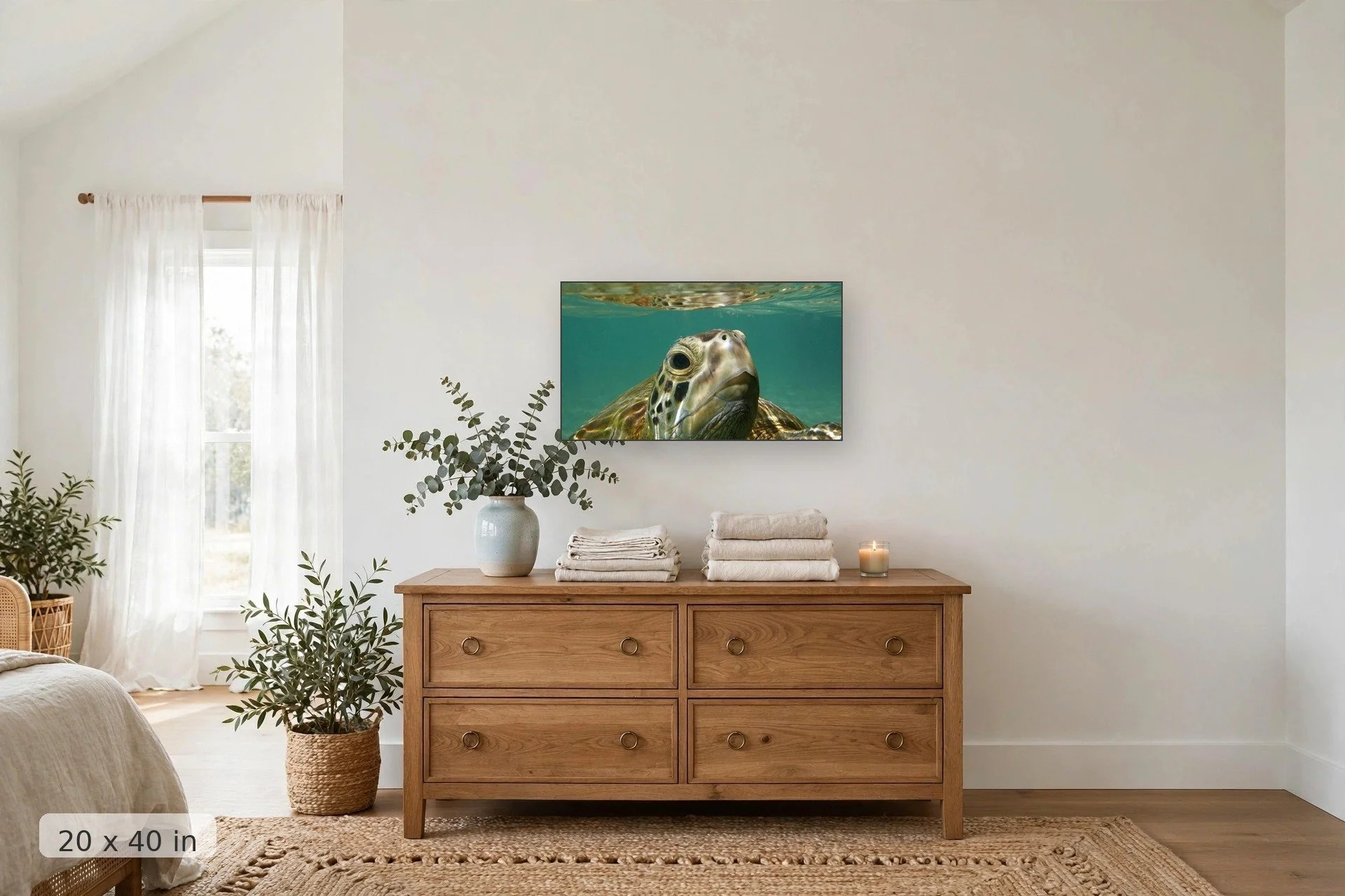 if a sea turtle could take a selfie this would be its first — Honu Selfie print, 24x36 mockup above a dresser