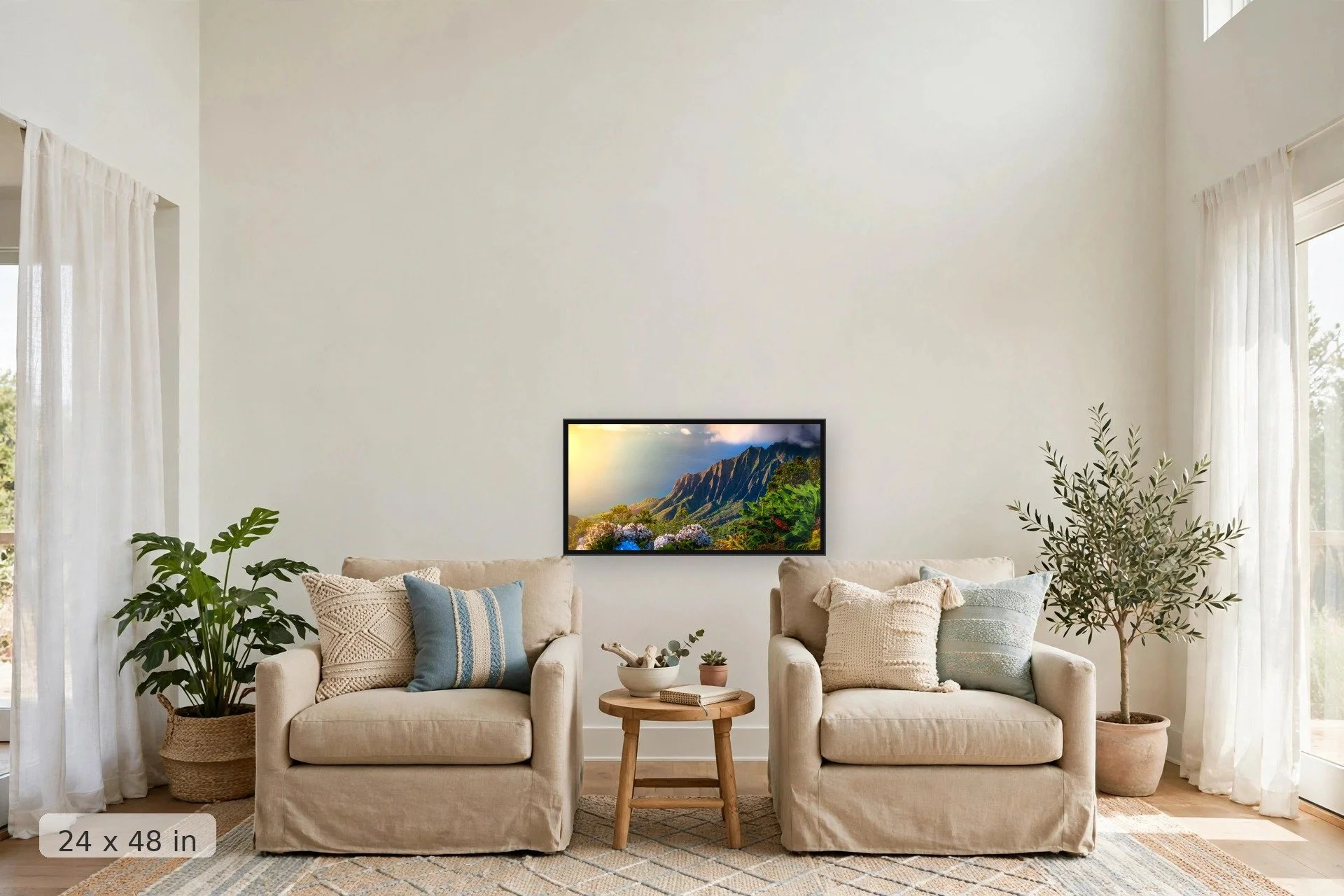 Hydrangea flowers in Kalalau, Kauai — Kalalau Hydrangeas print, 40x60 large mockup in a living room