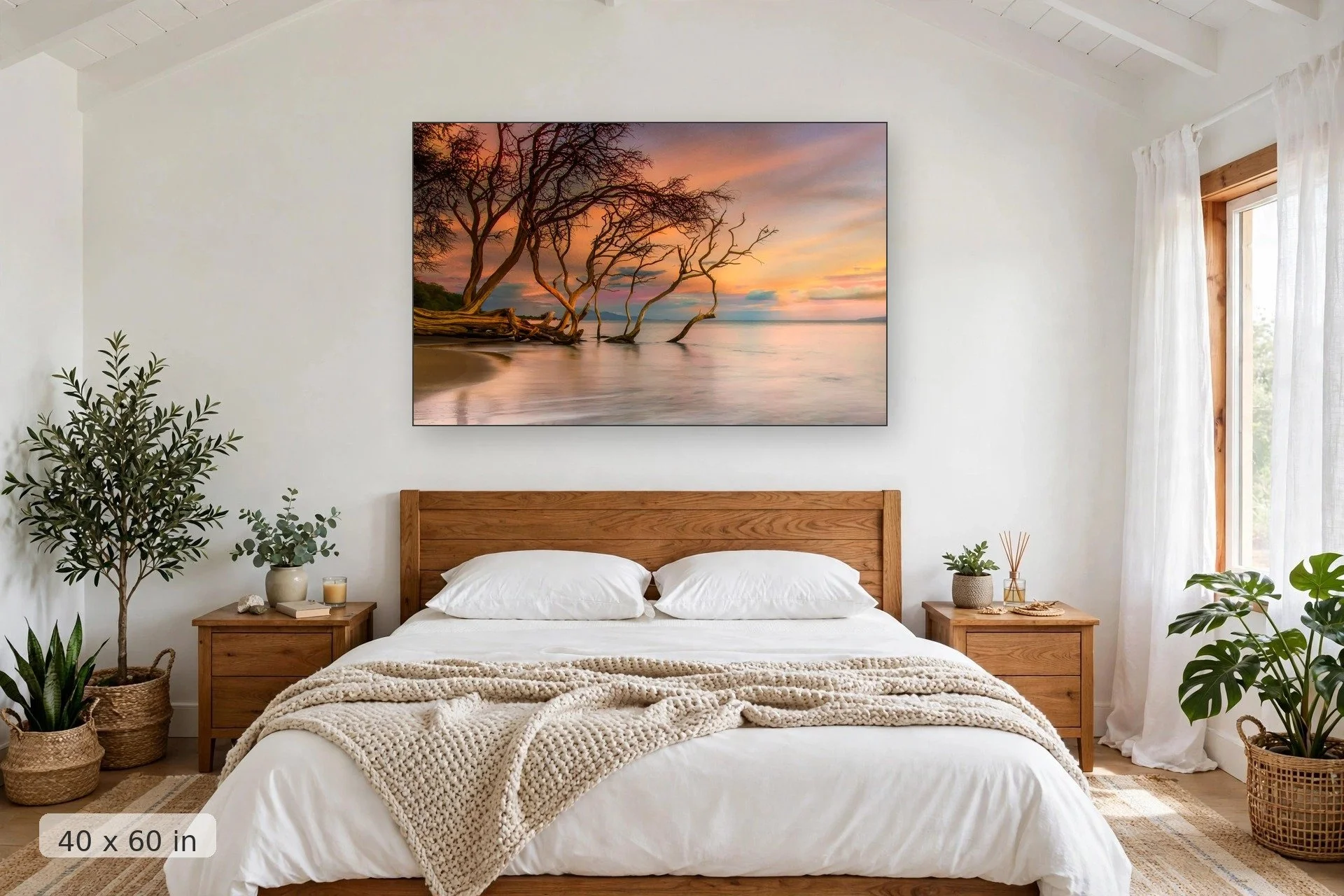 kiawe trees dip into the ocean along the seashore at Olowalu — Olowalu Kiawe print, 40x60 mockup above a bedroom headboard