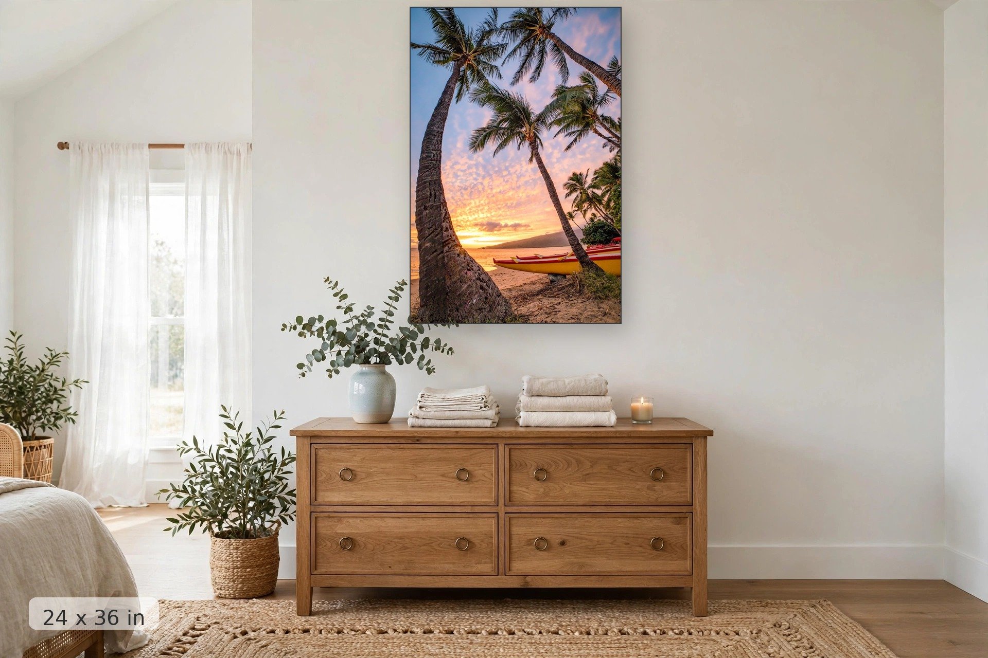 palm trees and sunset with outrigger canoe — Hawaiian Tradition print, 24x36 mockup above a dresser