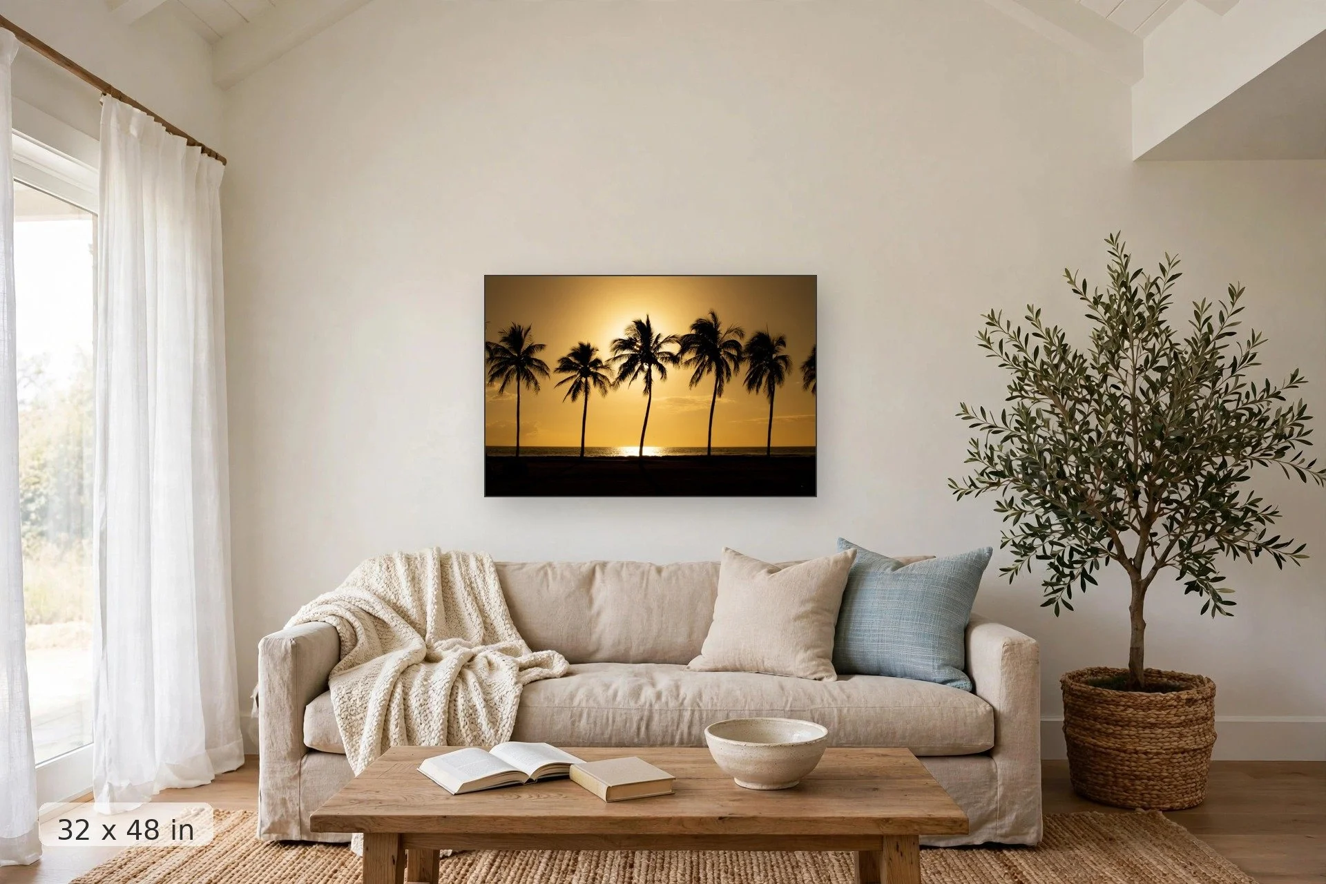 Minimalist ocean seascape — Simplicity print, 32x48 mockup above a living room sofa