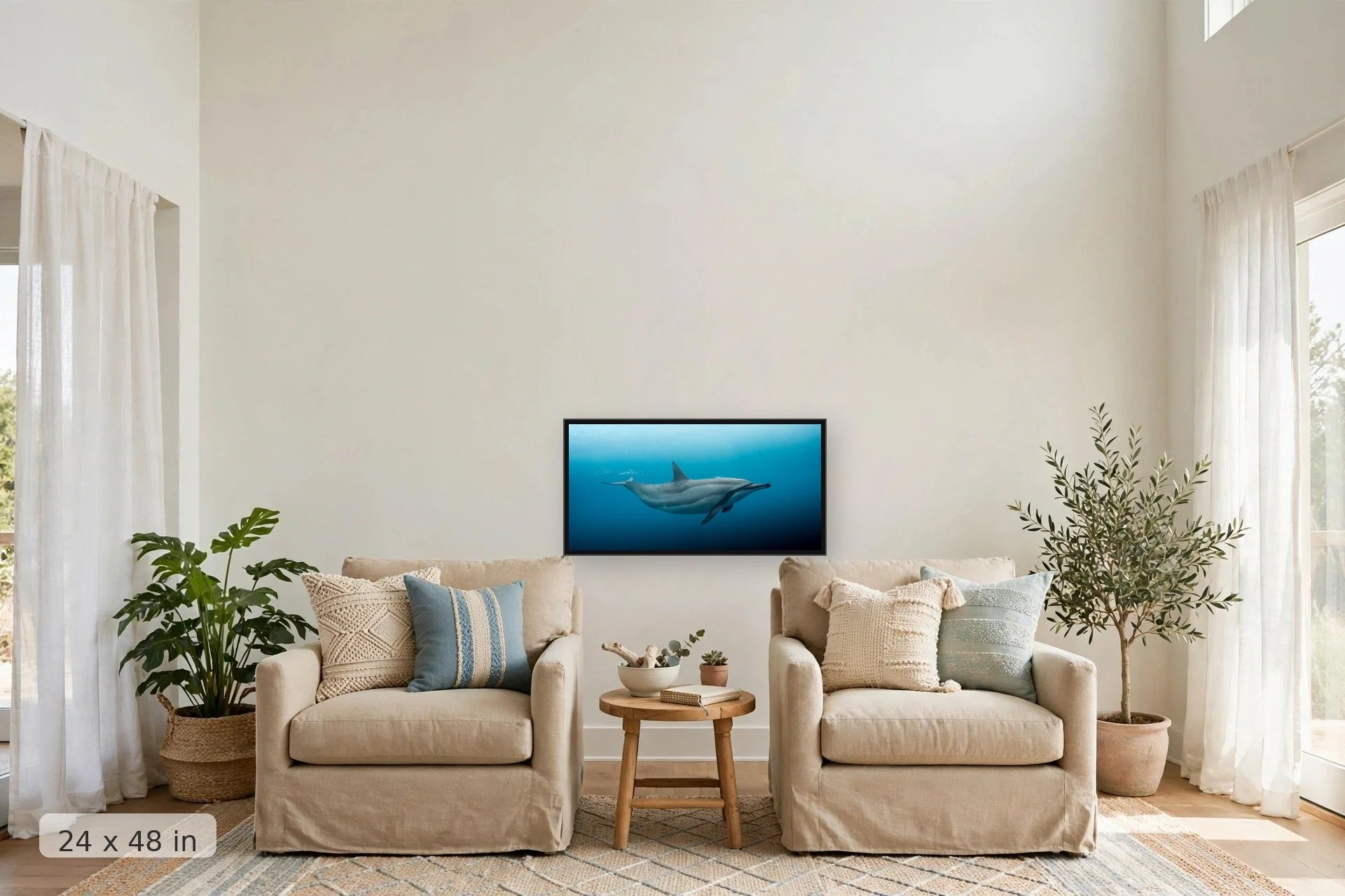 A spinner dolphin blowing bubbles underwater — Naia Bubbles print, 40x60 large mockup in a living room