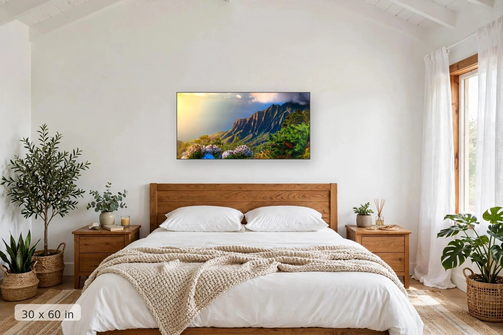 Hydrangea flowers in Kalalau, Kauai — Kalalau Hydrangeas print, 40x60 mockup above a bedroom headboard