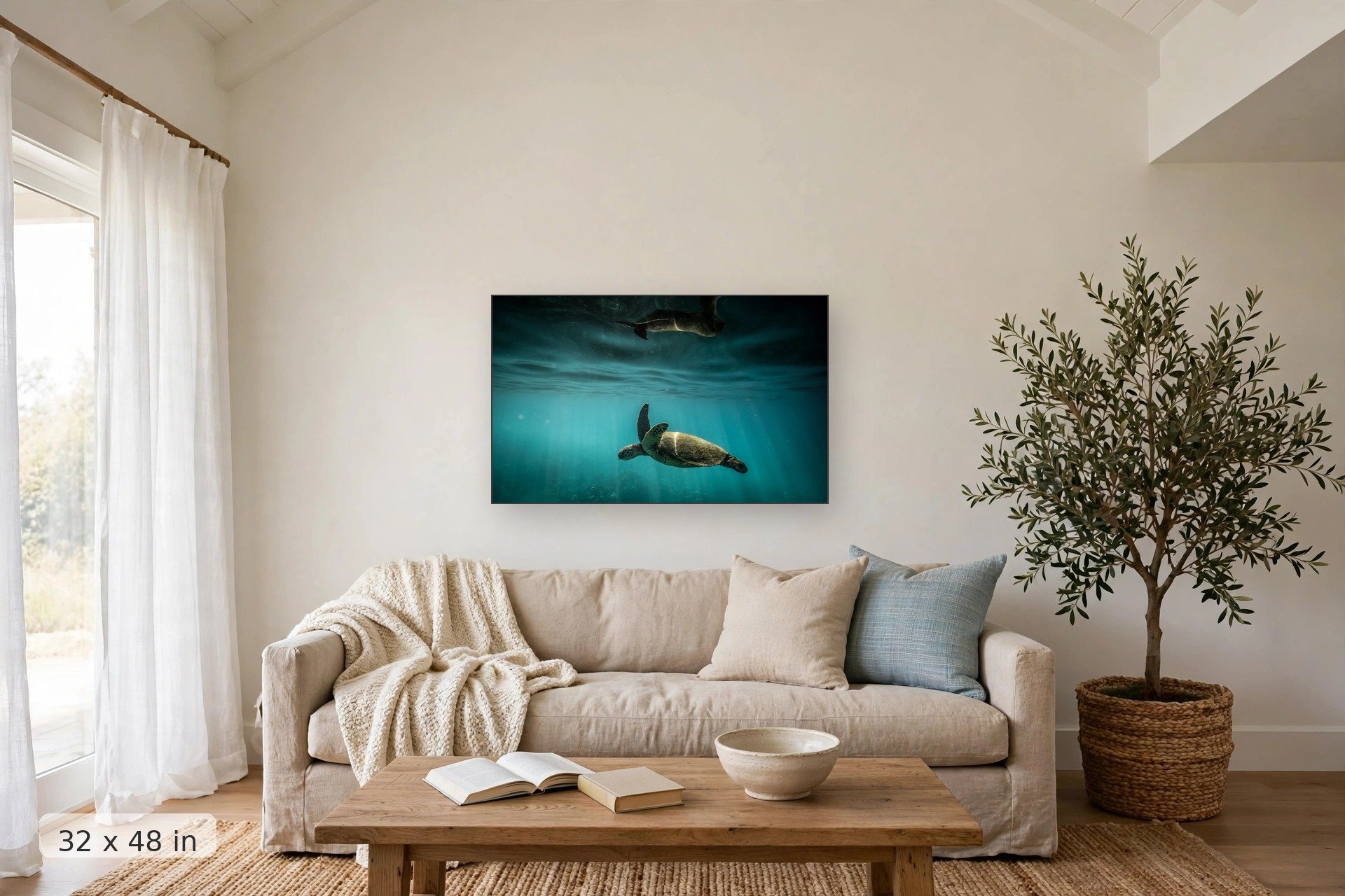 sea turtle reflection on the water surface — Dark Reflection Turtle print, 32x48 mockup above a living room sofa
