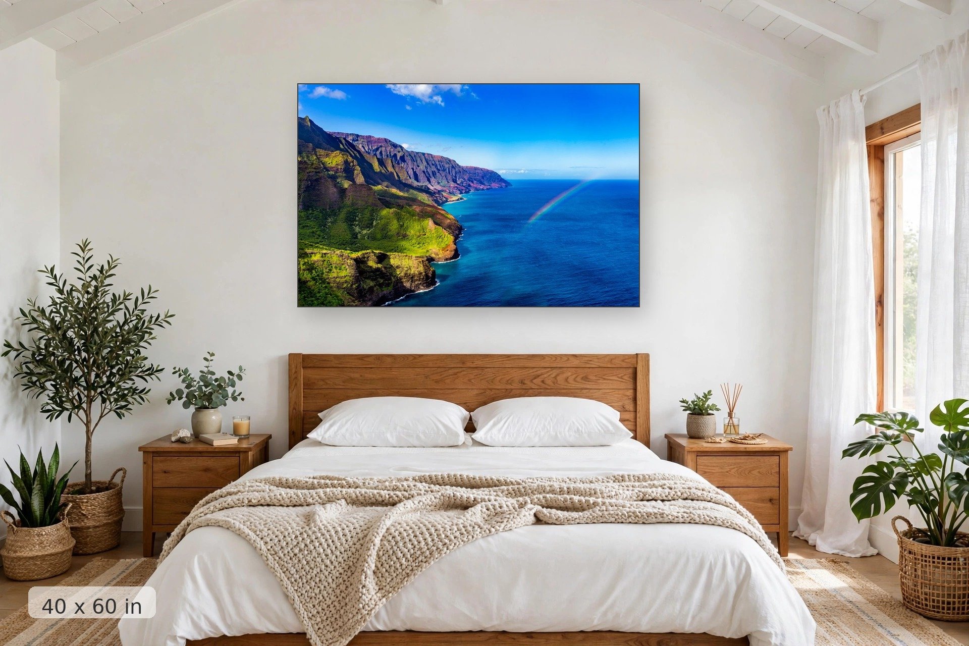 rainbow stretches over the na pali coast in kauai — Na Pali Rainbow print, 40x60 mockup above a bedroom headboard