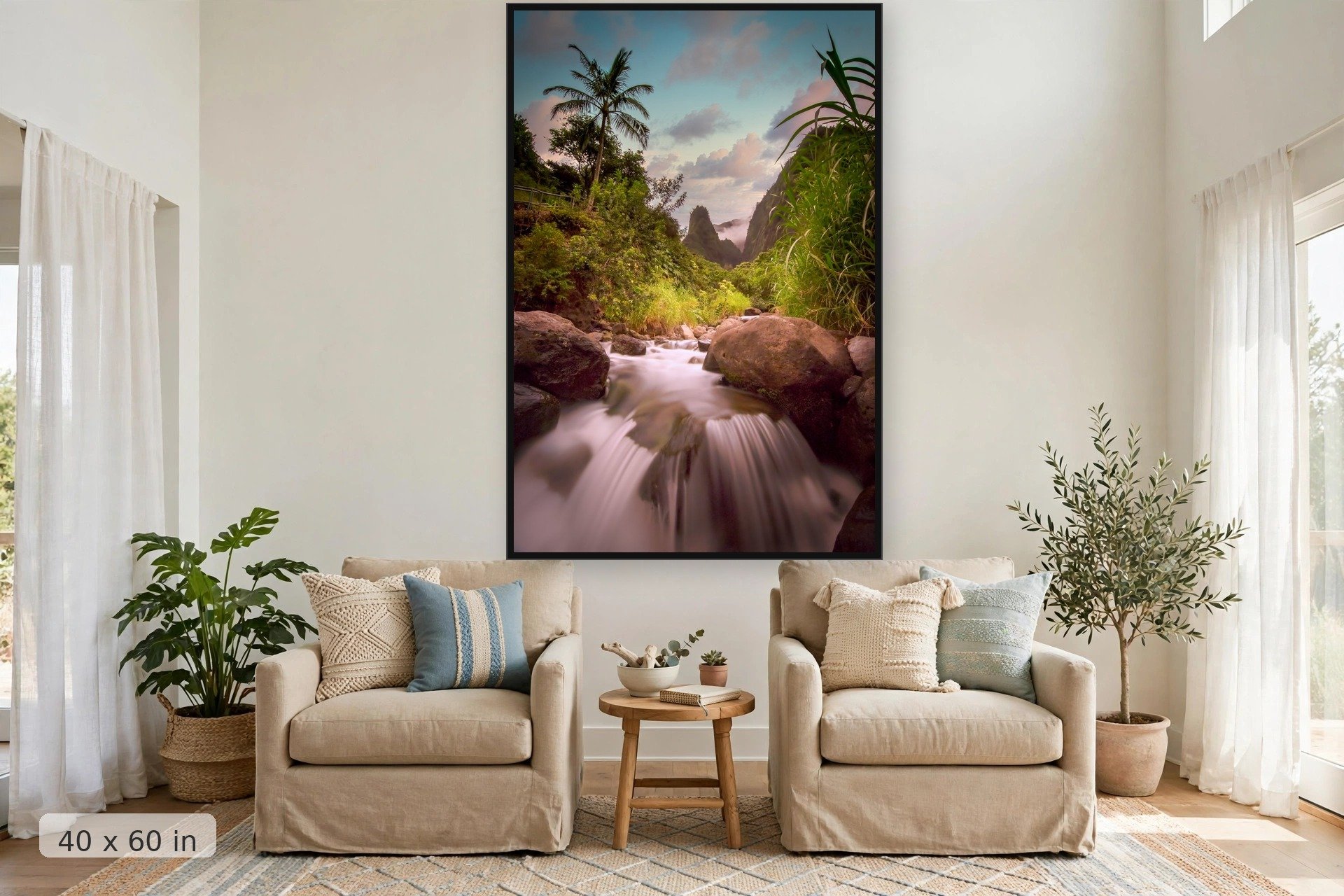 Iao Valley stream at sunset — Iao Sunset print, 40x60 large mockup in a living room