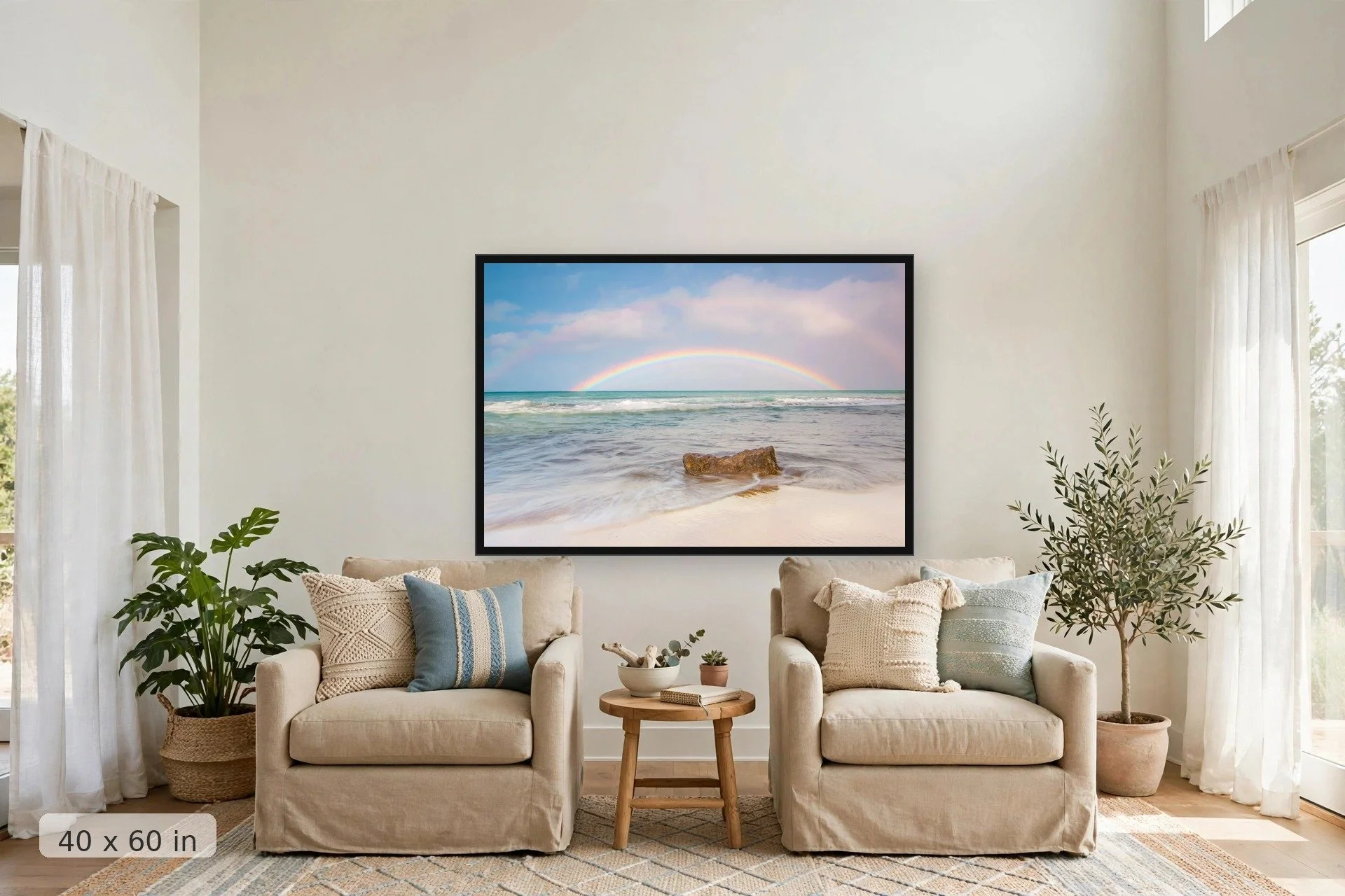 double rainbow over white sandy beach and calm water — Morning Rainbow print, 40x60 large mockup in a living room
