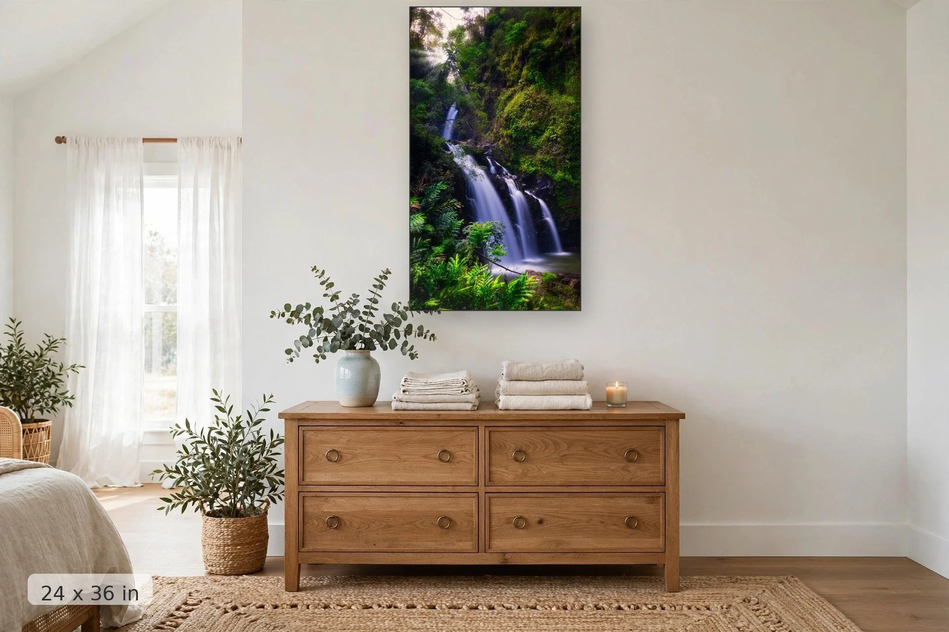 three waterfalls surrounded by lush tropical plants — Three Bears Rays print, 24x36 mockup above a dresser
