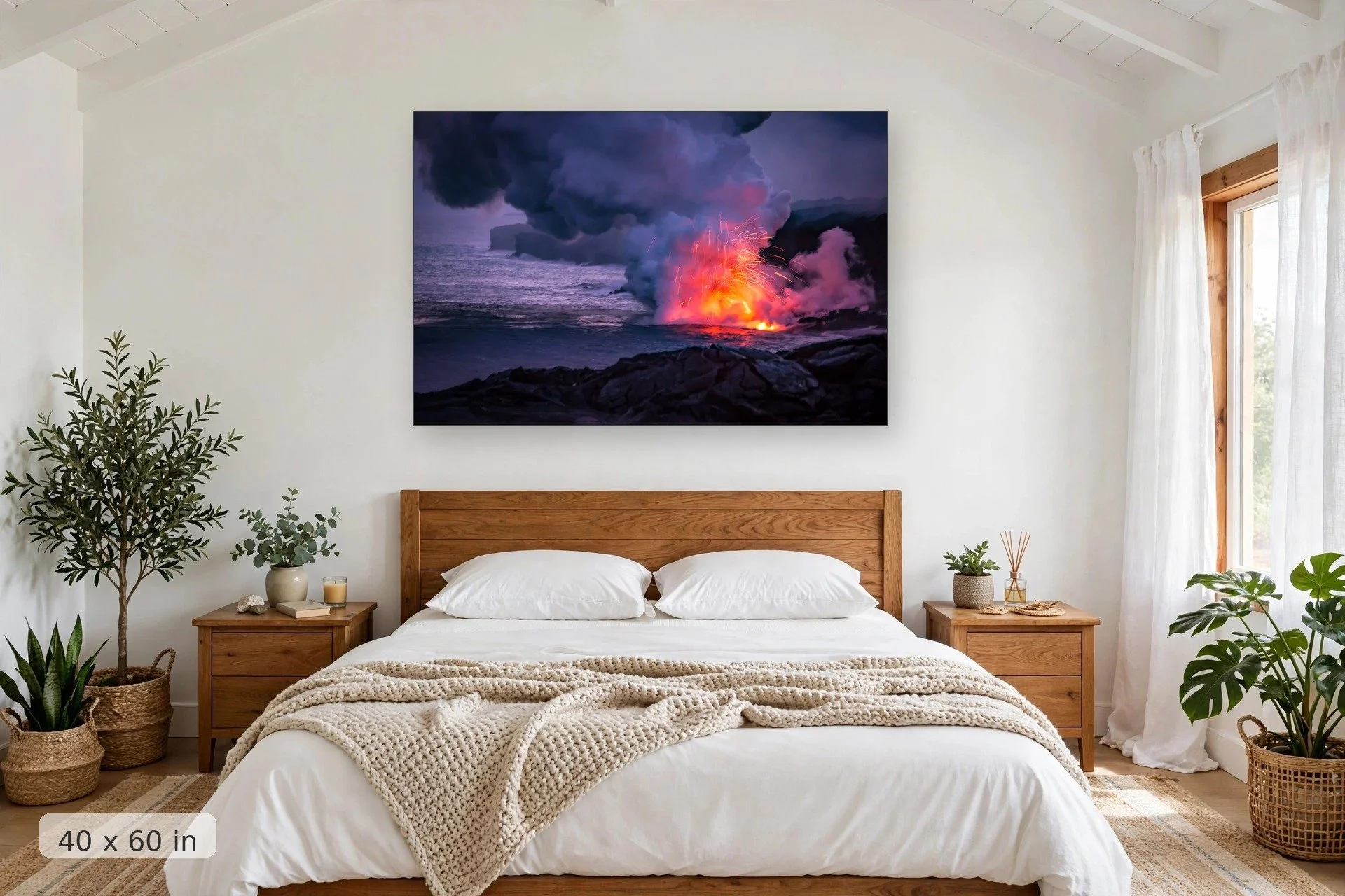 fresh lava spews into the ocean creating a fireworks display as it touches the water — Lava Fireworks print, 40x60 mockup above a bedroom headboard